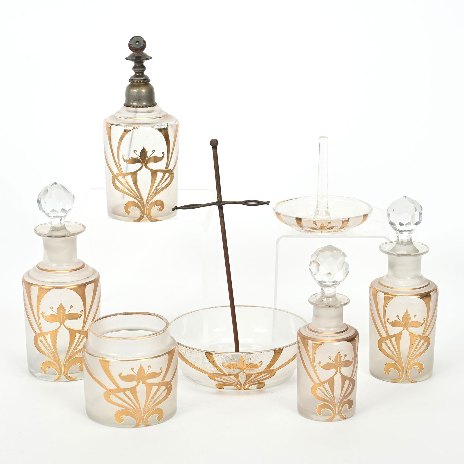 Dresser Set, Clear Frosted Bohemian Art Glass (1 of 4)