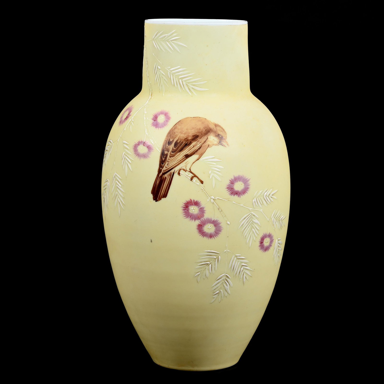 Vase, White Bristol Art Glass, Yellow Ground: Vase, White Bristol Art Glass, Yellow Ground, 15.25" x 7.5", Bird, Branch And Blossom Decor, Don Henson Estate, Michigan. Part 3. This auction is the final dispersal of a collection of over 1,700 item