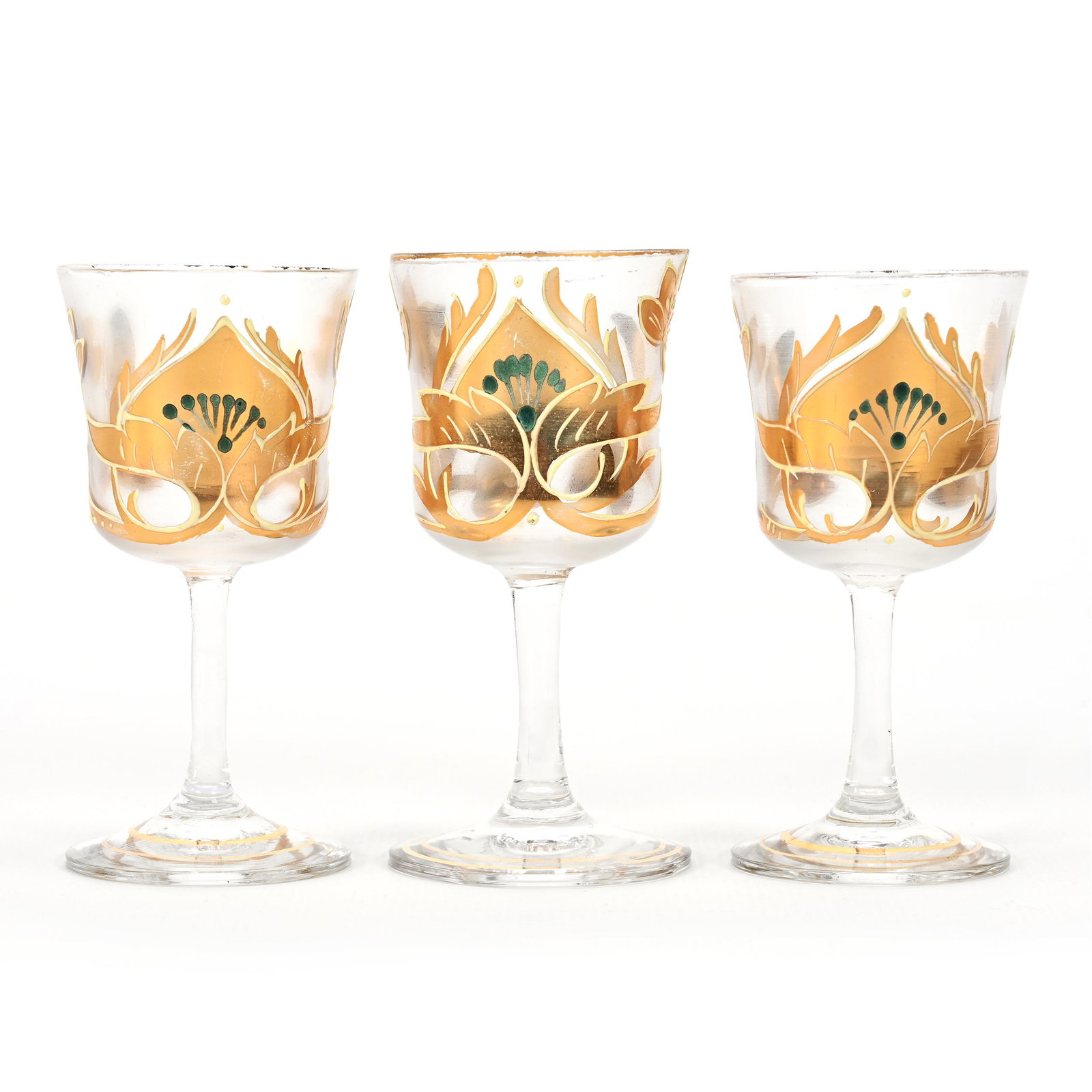 (3) Cordial Stems, Clear Bohemian Art Glass: (3) Cordial Stems, Clear Bohemian Art Glass, 3.75" x 1.75", Gold Enamel Floral Decor, Don Henson Estate, Michigan. Part 3. This auction is the final dispersal of a collection of over 1,700 items selli