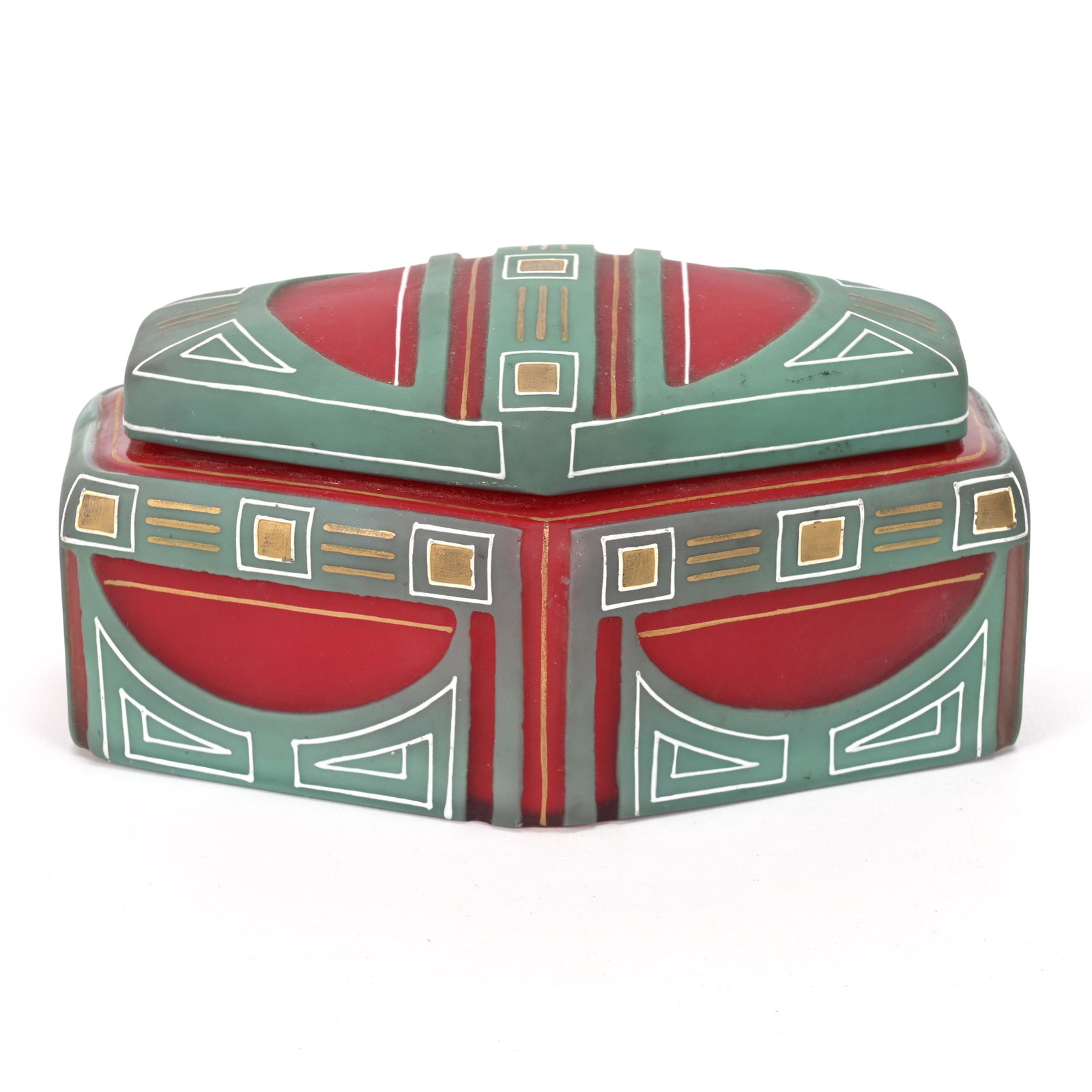 Covered Box, Frosted Cased Blood Red Art Glass: Covered Box, Frosted Cased Blood Red Art Glass, 3.5" x 7", Green Matte Overlay, Cut Window Design, Enamel Highlights, Surprisingly Nice Quality, Rim Chip Which Is Covered By Lid, Don Henson Estate, Mi