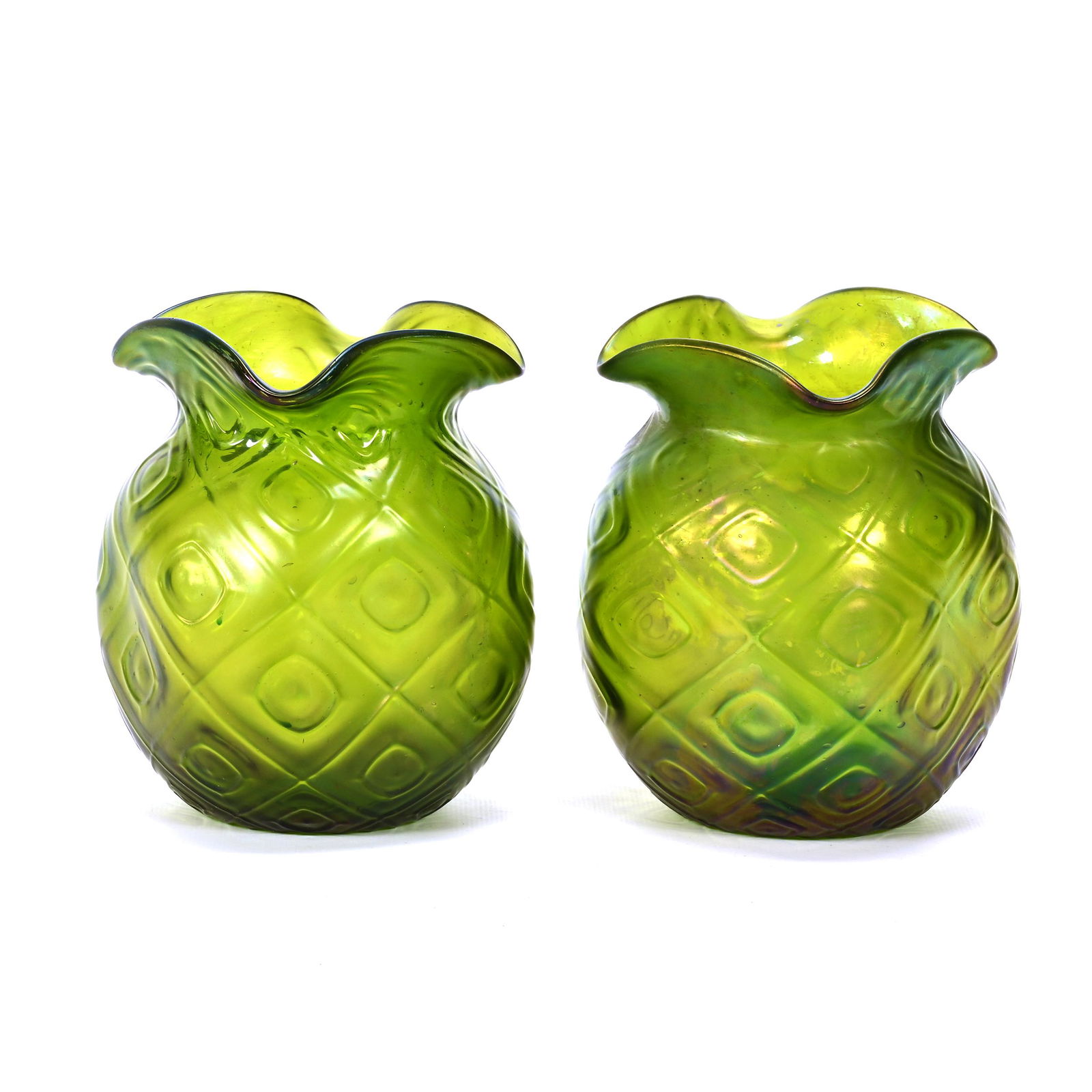 Pair Vases, Green Iridescent Bohemian Art Glass (1 of 3)