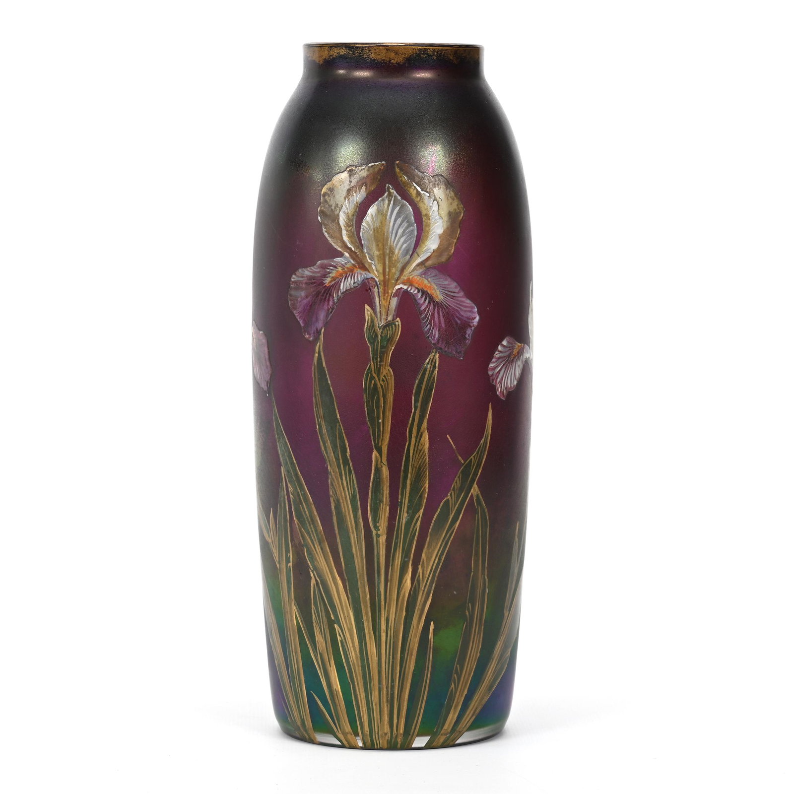 Vase, Highly Iridescent Amethyst Glass By Harrach: Vase, Highly Iridescent Amethyst Glass By Harrach, 10.25" x 4", Heavy Enamel Iris Decor, Partial Original Harrach Label On Base, Don Henson Estate, Michigan. Part 3. This auction is the final dispersa