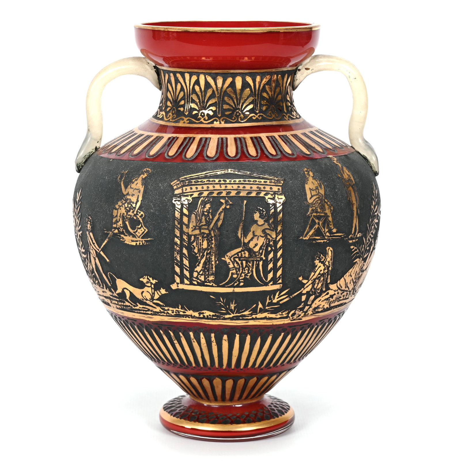 Pedestal Vase, Cased Bohemian Cameo Glass: Pedestal Vase, Cased Bohemian Cameo Glass, 8.5" x 6.25", Red Ground With Classic Mythological Scenes, Black And Gold Highlights, Applied Frosted Glass Handles, Nice Quality, Don Henson Estate, Michiga