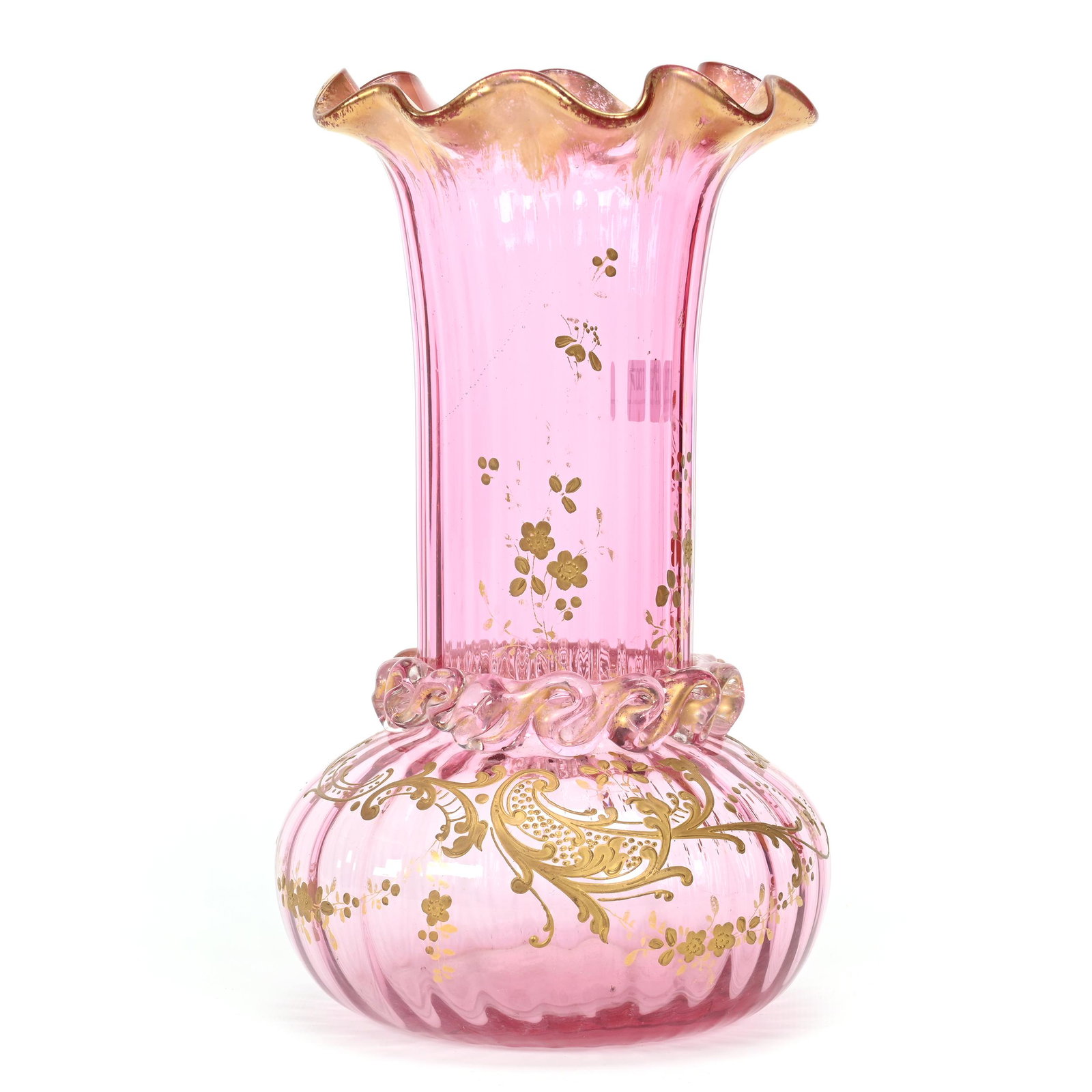 Vase, Cranberry Bohemian Art Glass: Vase, Cranberry Bohemian Art Glass, 10.25" x 6", Optic Rib, Applied Rigoree, Gold Enamel Floral Decor, Don Henson Estate, Michigan. Part 3. This auction is the final dispersal of a collection of over 