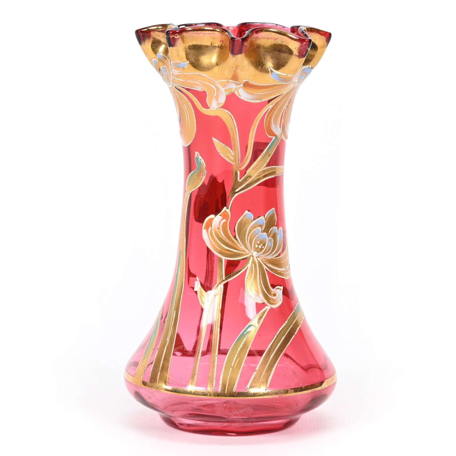 Vase, Cranberry Bohemian Art Glass: Vase, Cranberry Bohemian Art Glass, 6.25" x 3.25", Colorful Floral Decor, A Moser Label Has Been Glued On Base, Don Henson Estate, Michigan. Part 3. This auction is the final dispersal of a collection