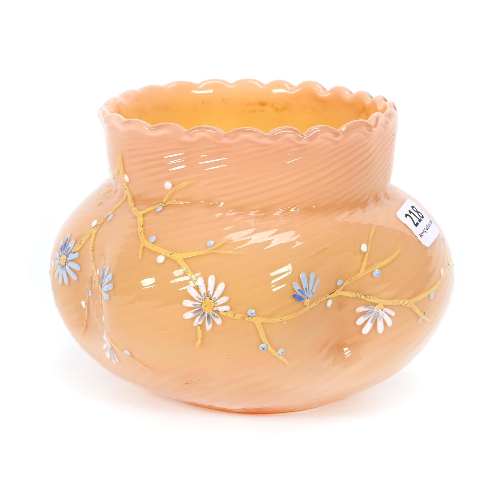 Vase, Cased Peach Bohemian Art Glass, Swirl Mold: Vase, Cased Peach Bohemian Art Glass, Swirl Mold, 4.5" x 5.5", Dimpled Sides, Enamel Floral Decor, Attributed To Harrach, Don Henson Estate, Michigan. Part 3. This auction is the final dispersal of a 