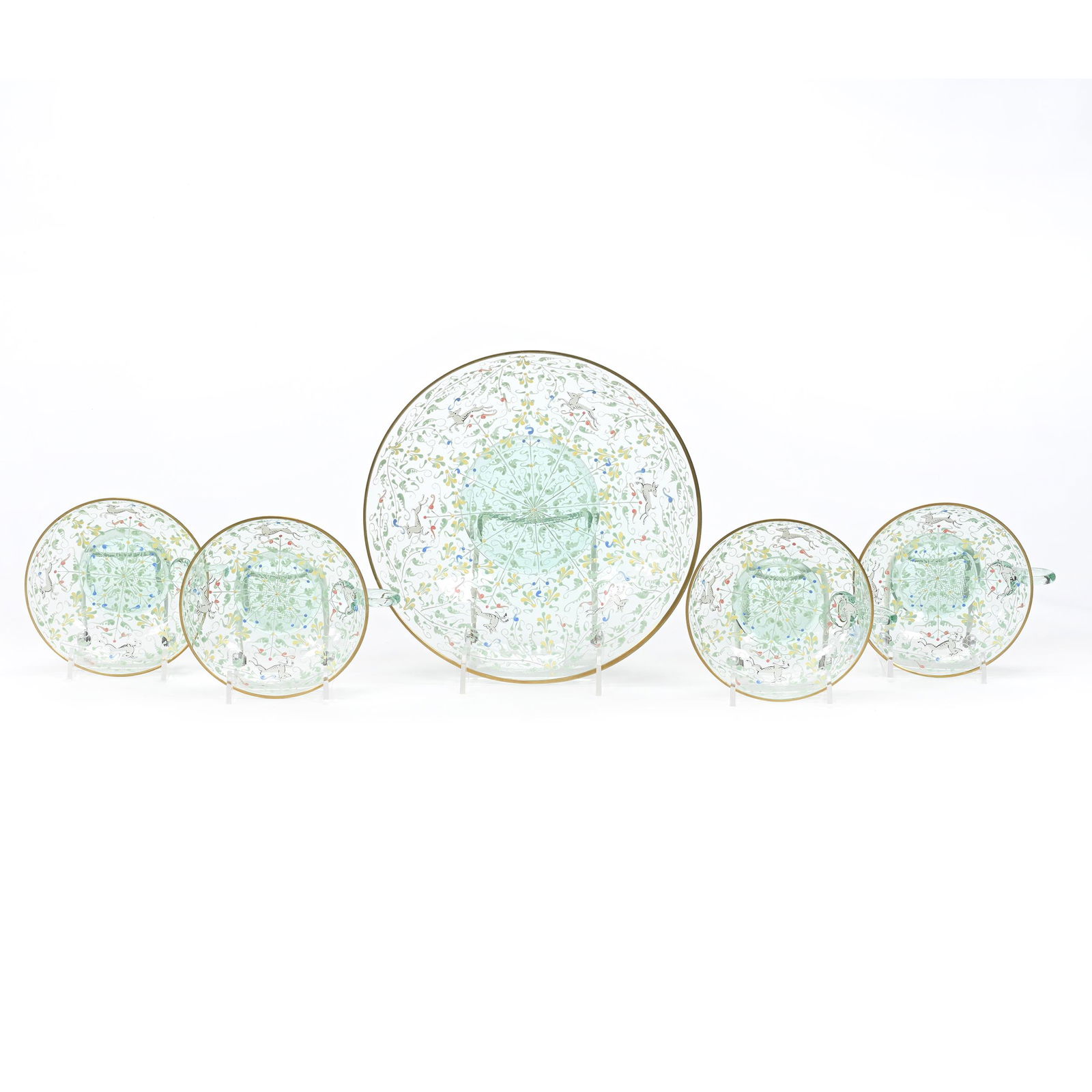 Berry Set, Five Piece, Pale Green Bohemian Art Glass (1 of 4)