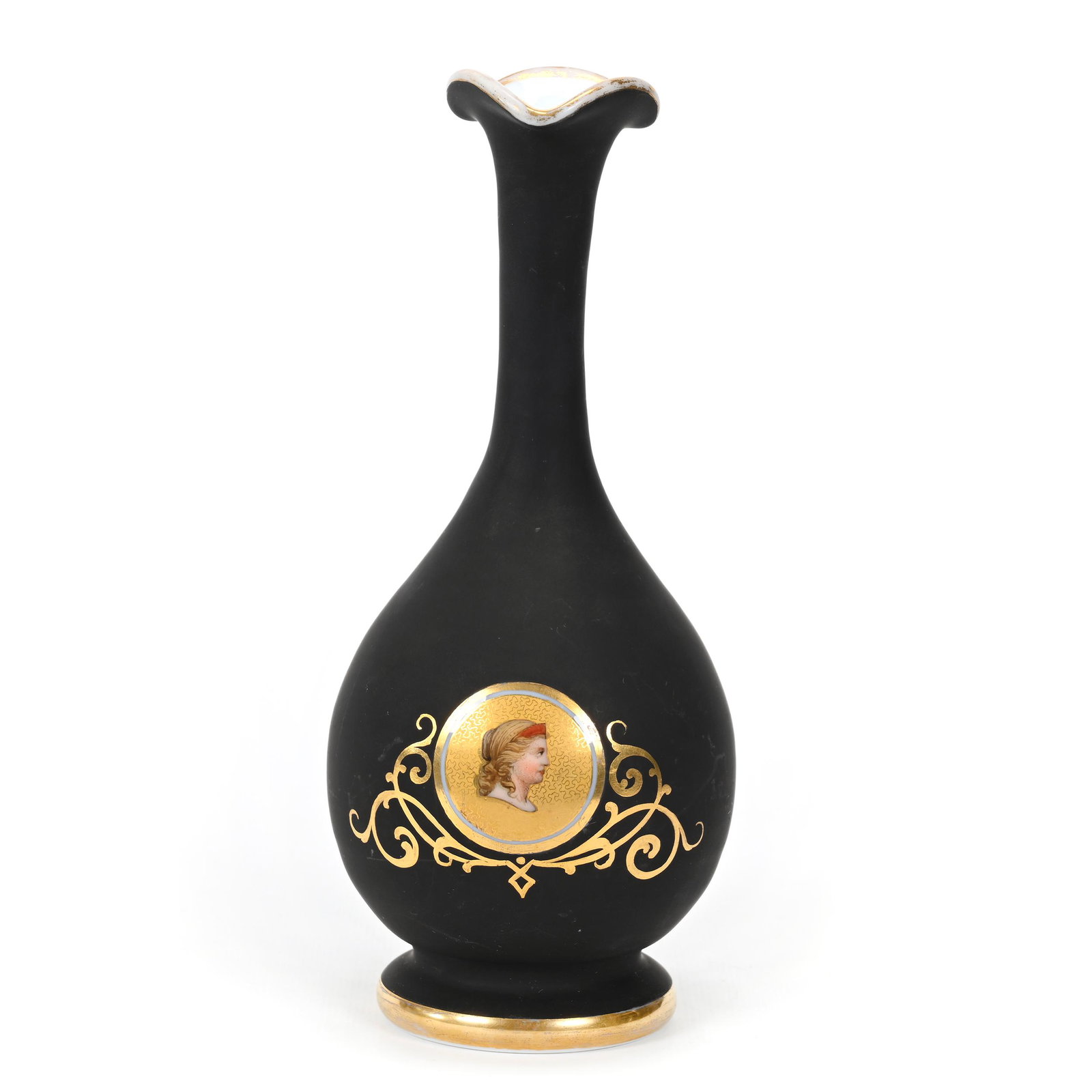 Vase, White Opaline, Black Ground, Art Glass: Vase, White Opaline, Black Ground, Art Glass, 8.25" x 3.5", Gold Portrait Medallion, Unidentified Crown Mark, Don Henson Estate, Michigan. Part 3. This auction is the final dispersal of a collection o