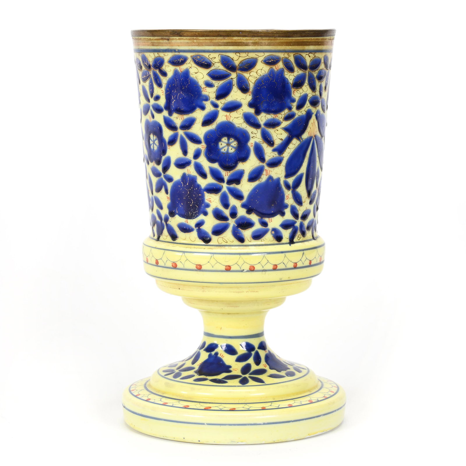 Pedestal Vase, White Opaque Art Glass: Pedestal Vase, White Opaque Art Glass, 9" x 5.25", Yellow Ground, Blue Floral Highlights, Gilt Metal Rim, Don Henson Estate, Michigan. Part 3. This auction is the final dispersal of a collection of ov