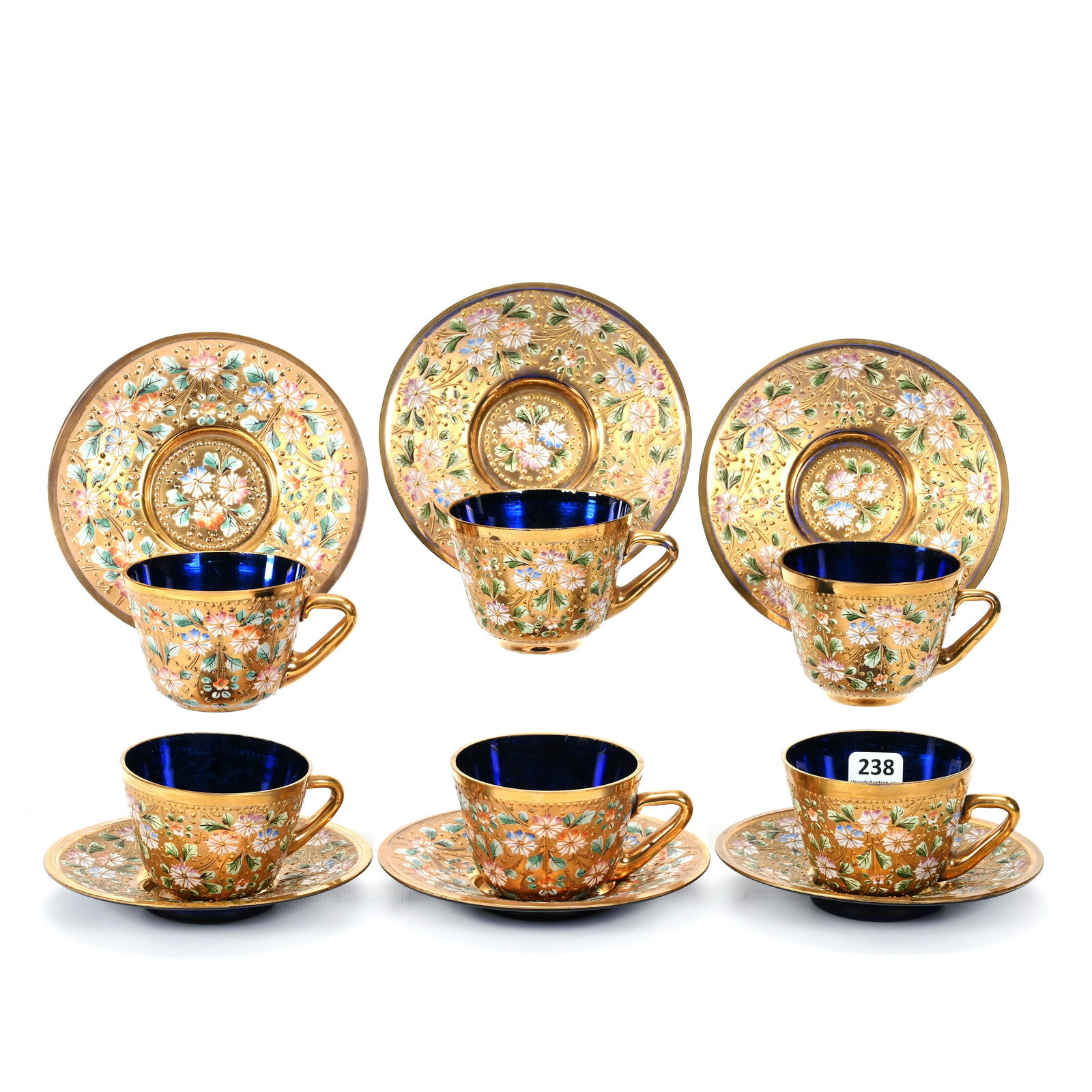 (6) Cups & Saucers, Cobalt Blue Bohemian Glass (1 of 3)