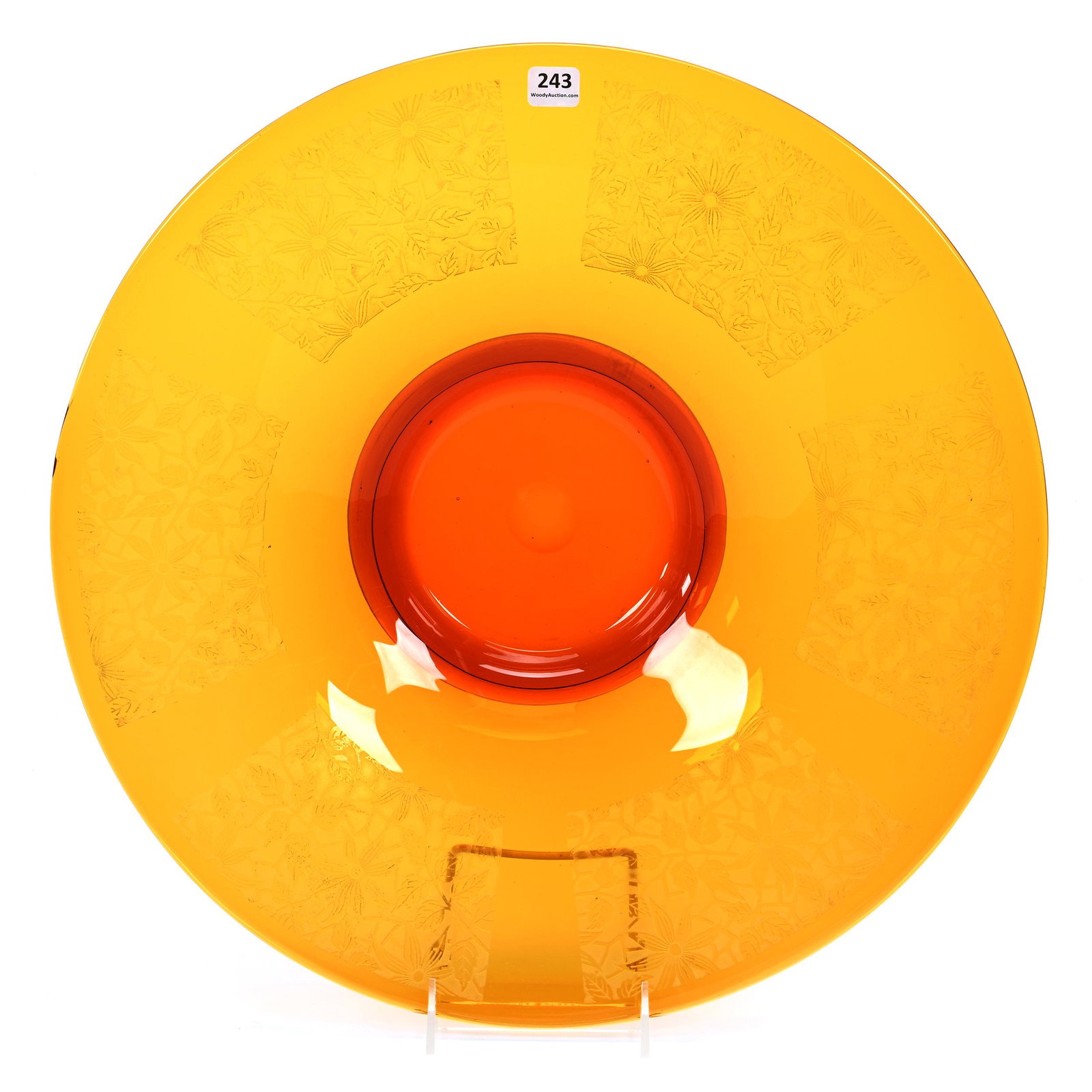 Center Bowl, Amber Art Glass: Center Bowl, Amber Art Glass, 3.25" x 17", Six Panels Of Acid Cut Floral Design, Polished Pontil Base, Unidentified Stamp Mark On Base, Don Henson Estate, Michigan. Part 3. This auction is the final d