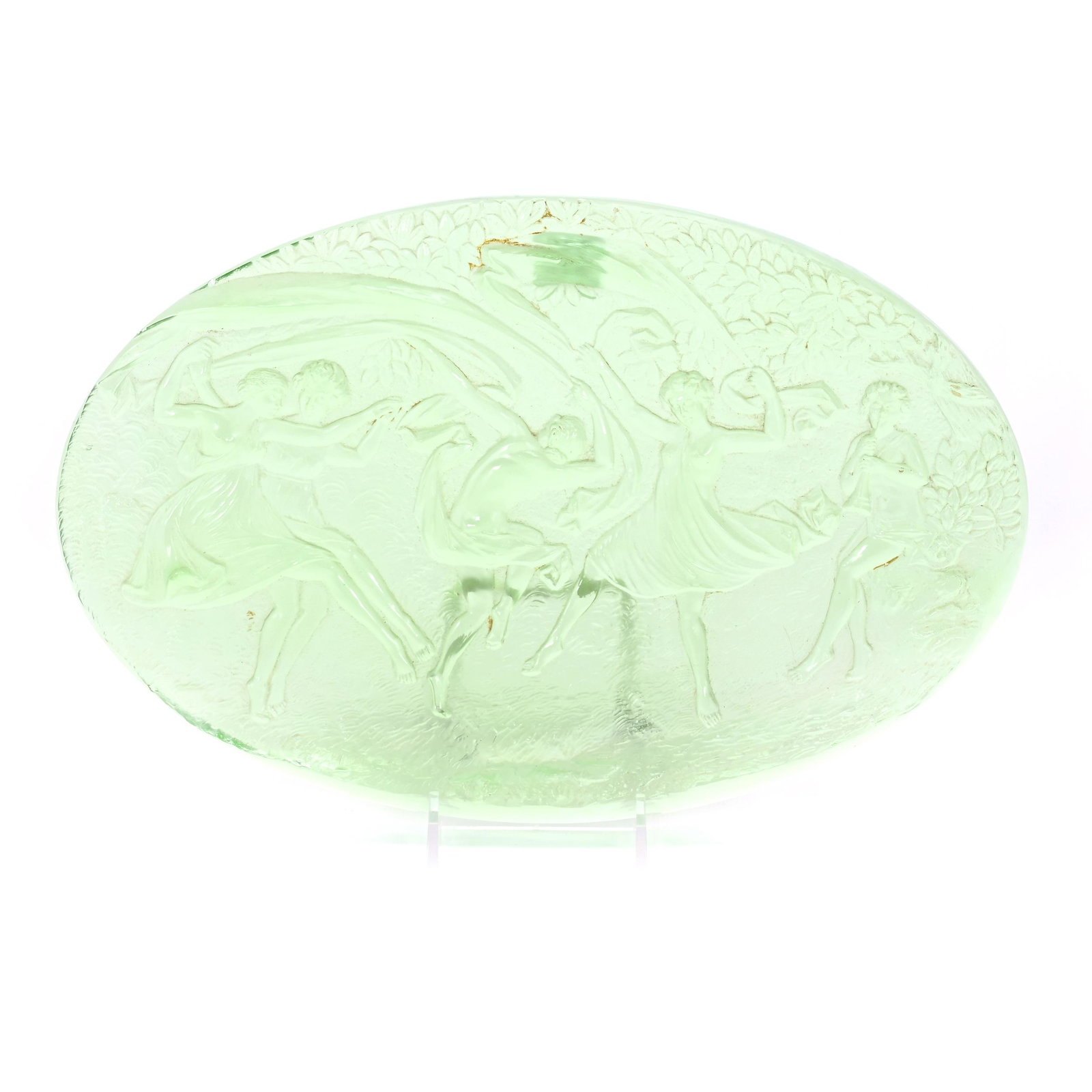 Oval Plaque, Solid Green Bohemian Art Glass: Oval Plaque, Solid Green Bohemian Art Glass, 12.25" x 8", Embossed Dancing Girls Design, Circa 1930's, Don Henson Estate, Michigan. Part 3. This auction is the final dispersal of a collection of over 