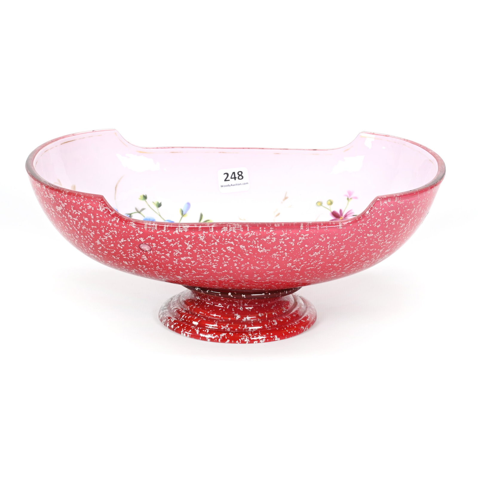 Pedestal Bowl, Cased Pink Art Glass With Silver Mica: Pedestal Bowl, Cased Pink Art Glass With Silver Mica, 4.5" x 11.25" x 7.75", White Interior, Colorful Floral Decor, Bowl Is Oval, Don Henson Estate, Michigan. Part 3. This auction is the final dispers
