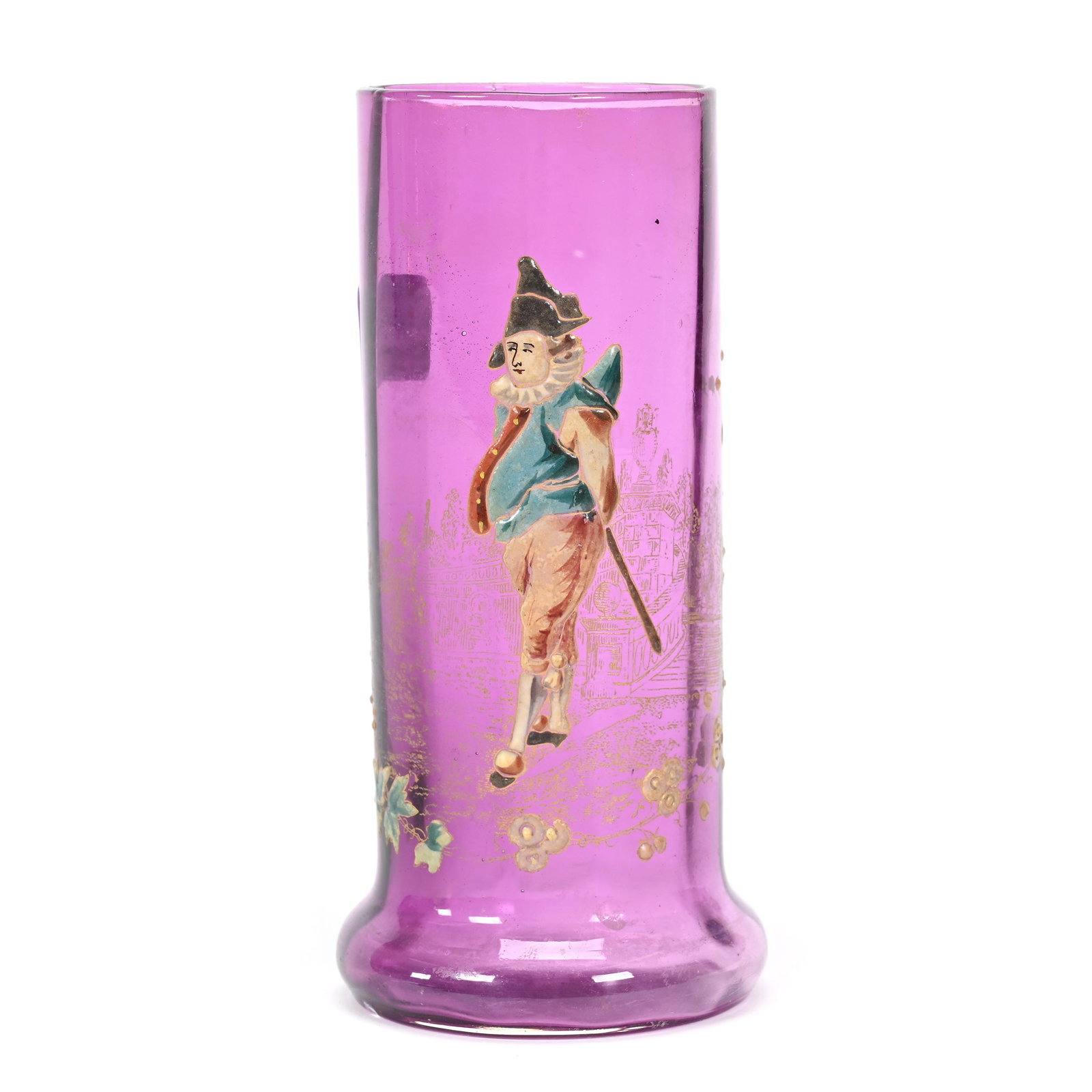 Vase, Amethyst Bohemian Art Glass: Vase, Amethyst Bohemian Art Glass, 5.75" x 2.75", Optic Rib Design, Enamel Jester Decor By Rossler, Tiny Surface Bruise On Base, Don Henson Estate, Michigan. Part 3. This auction is the final dispersa