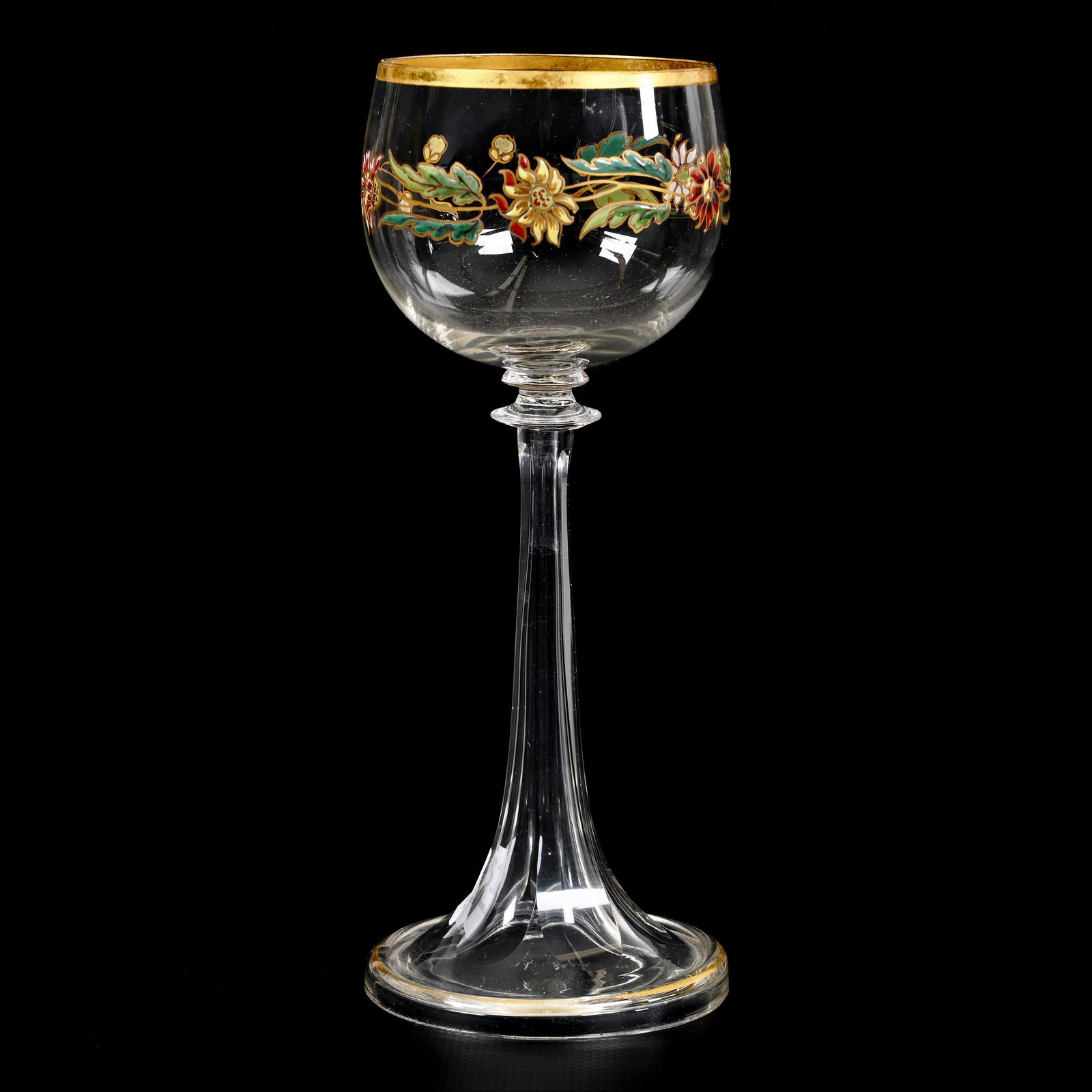 Wine Stem, Clear Bohemian Art Glass: Wine Stem, Clear Bohemian Art Glass, 7.25" x 2.75", Colorful Enamel Floral Decor, Cut Fluted Stem, Don Henson Estate, Michigan. Part 3. This auction is the final dispersal of a collection of over 1,70