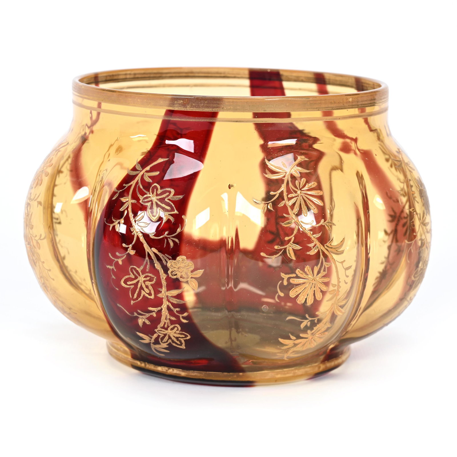 Vase, Amber With Striped Tortoise Shell Art Glass: Vase, Amber With Striped Tortoise Shell Art Glass, 4.25" x 6", Melon Ribbed, Enamel Floral Decor, Don Henson Estate, Michigan. Part 3. This auction is the final dispersal of a collection of over 1,700