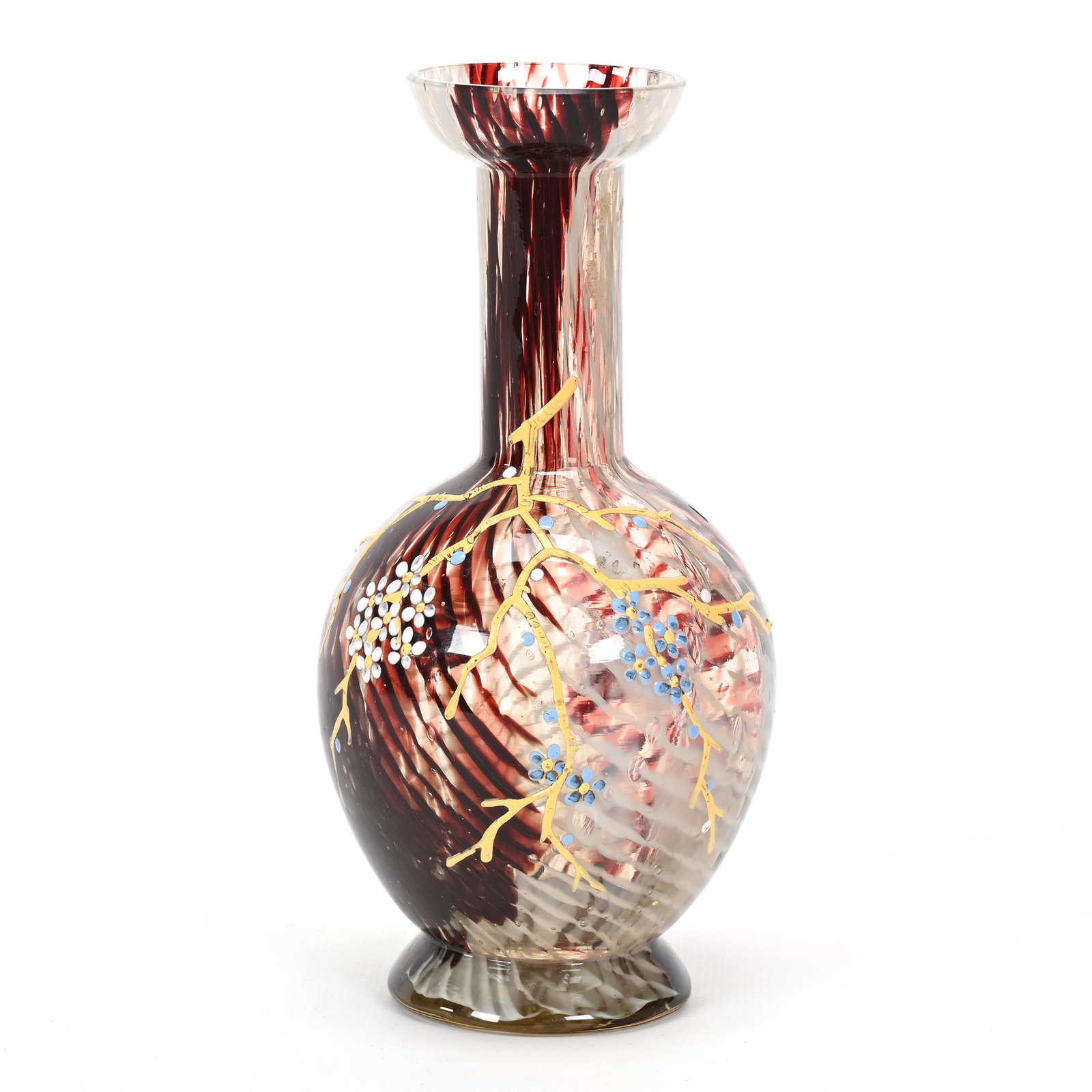 Vase, Cased Mottled Tortoise Shell Art Glass: Vase, Cased Mottled Tortoise Shell Art Glass, 7" x 3.5", Enamel Branch And Blossom Decor, Don Henson Estate, Michigan. Part 3. This auction is the final dispersal of a collection of over 1,700 items s