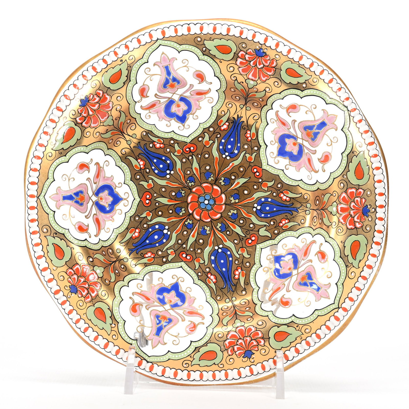 Underplate, Clear Bohemian Art Glass: Underplate, Clear Bohemian Art Glass, 6.5", Extensive Gold, Blue, Pink And Orange Design, Don Henson Estate, Michigan. Part 3. This auction is the final dispersal of a collection of over 1,700 items s
