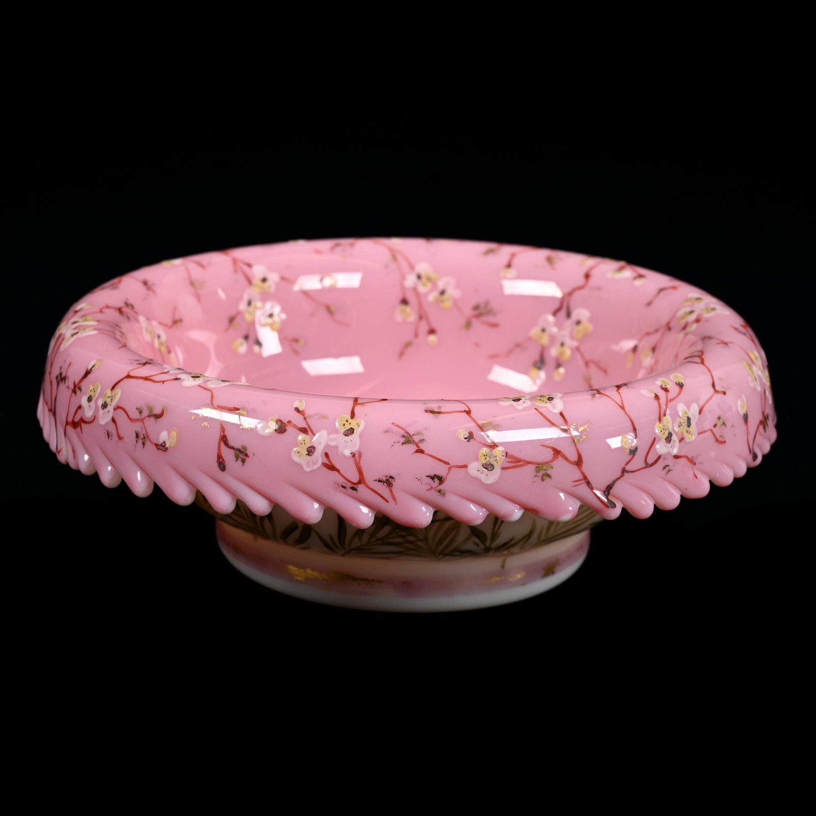 Brides Bowl, Cased White Opal, Pink Interior: Brides Bowl, Cased White Opal, Pink Interior, 2.5" x 7", Enamel Branch And Blossom Decor, Flame Edge, 3.75" Base Diameter, Don Henson Estate, Michigan. Part 3. This auction is the final dispersal of a