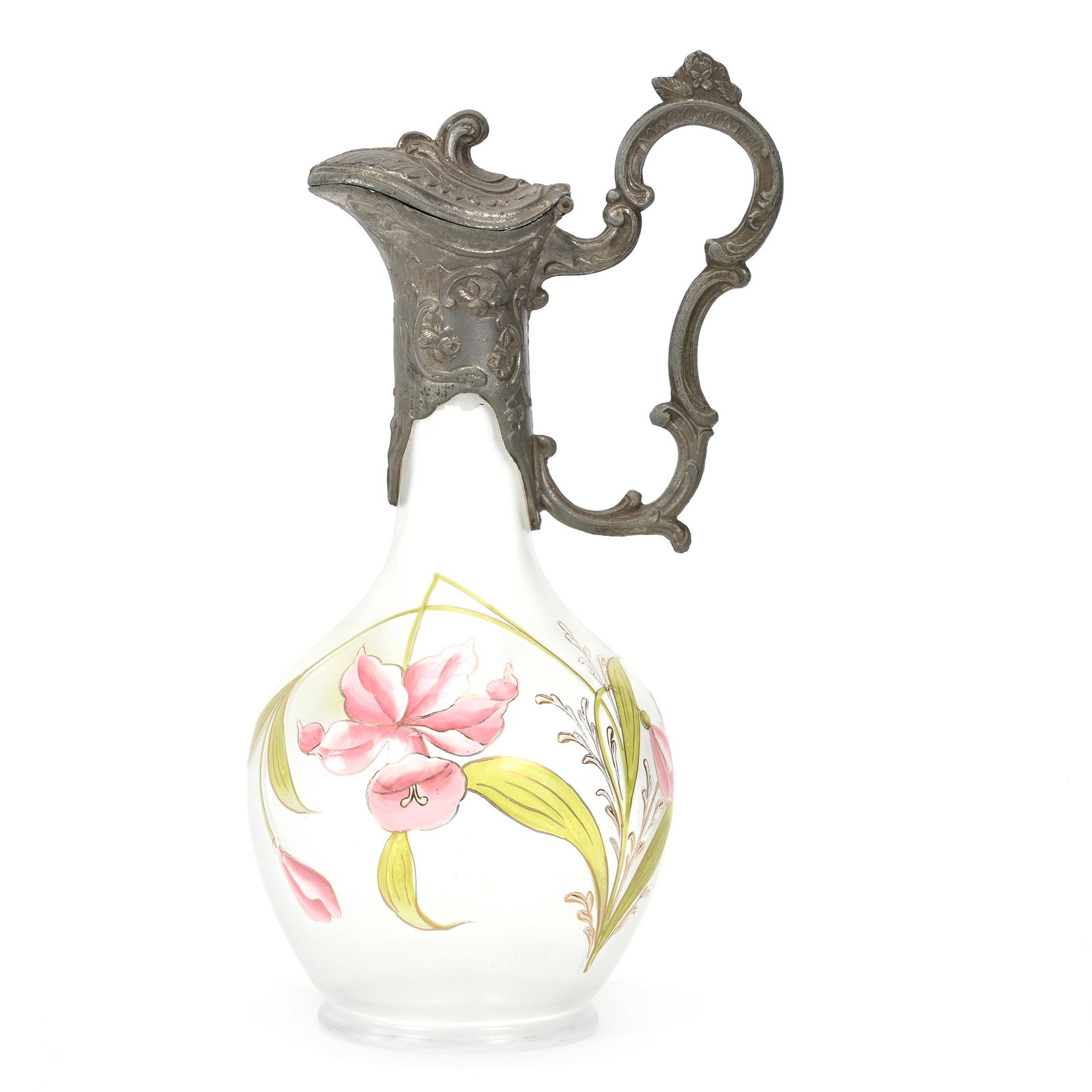 Ewer, Clear Frosted Bohemian Art Glass: Ewer, Clear Frosted Bohemian Art Glass, 12" x 5.75", Enamel Daffodil Decor, Pewter Spout, Lid And Handle, Don Henson Estate, Michigan. Part 3. This auction is the final dispersal of a collection of ov