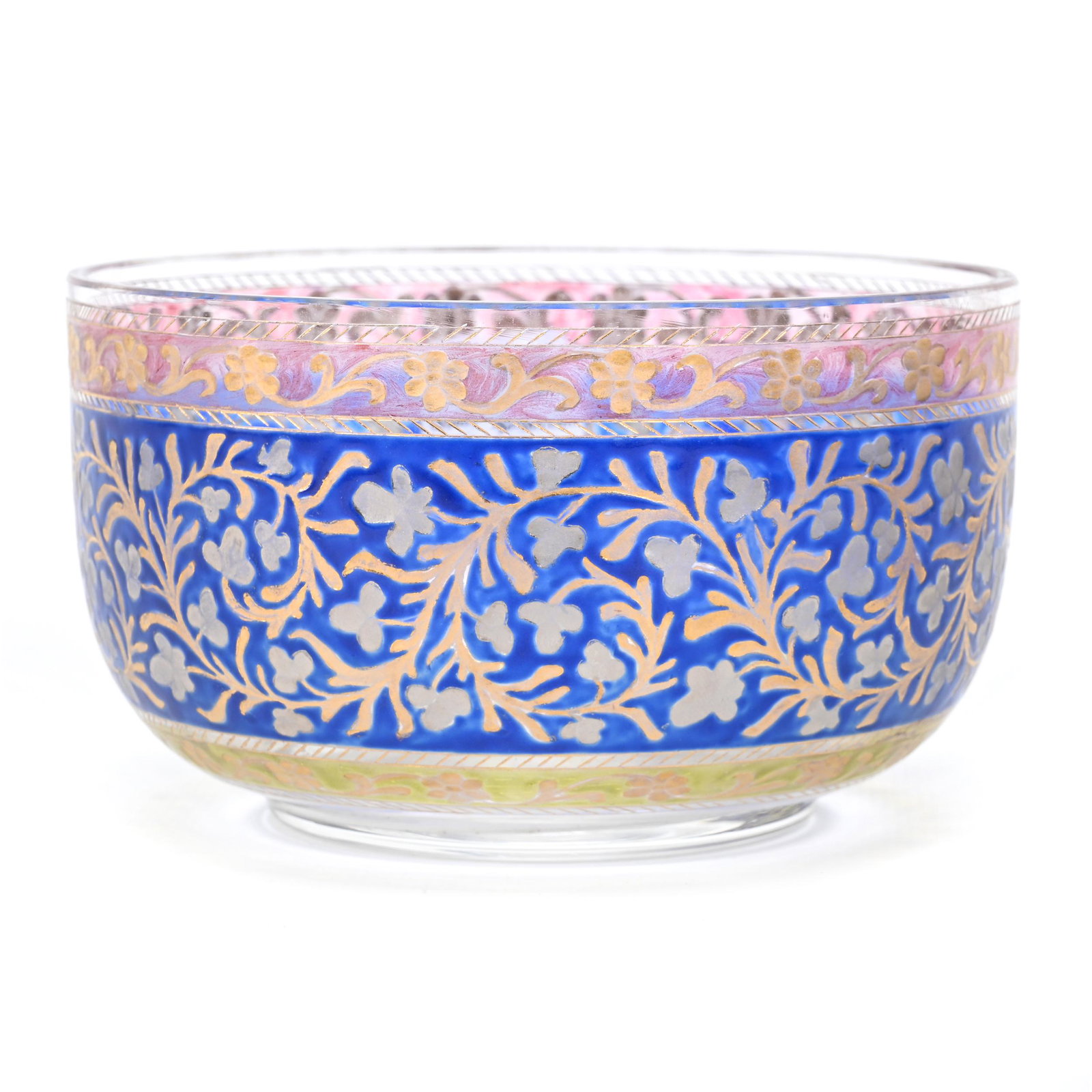 Finger Bowl Marked Franz Heckert Art Glass: Finger Bowl Marked Franz Heckert Art Glass, 2.75" x 4.5", Clear Bohemian, Engraved Floral And Scroll Design, Translucent Color Highlights, Also Marked With Engraving Of Jewelry Store On Base, Don Hens