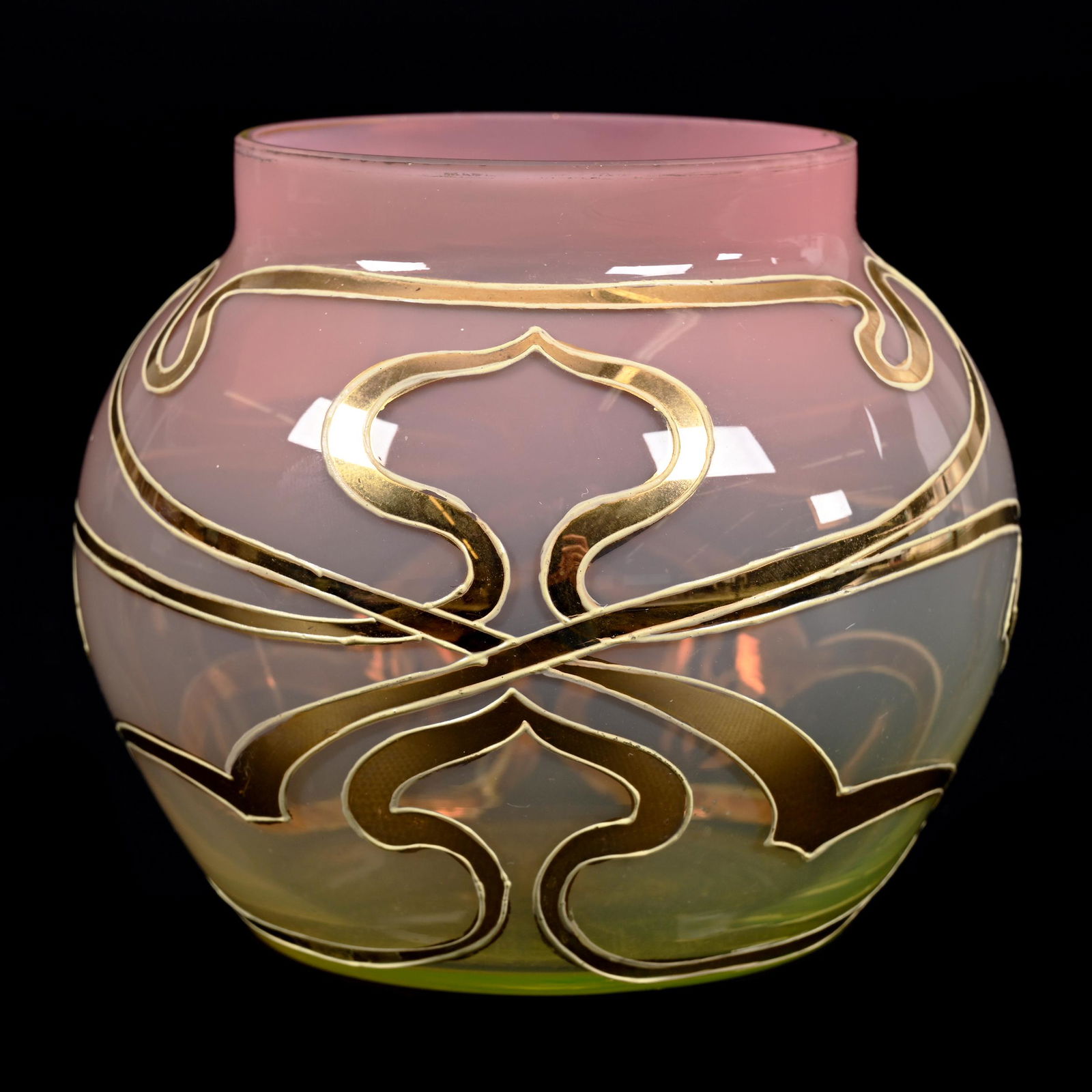 Vase, Pink Opalescent To Vaseline Art Glass: Vase, Pink Opalescent To Vaseline Art Glass, 3.75" x 4.5", Gold Art Nouveau Ribbon Design, Highly Reactive Under Black Light, Don Henson Estate, Michigan. Part 3. This auction is the final dispersal o