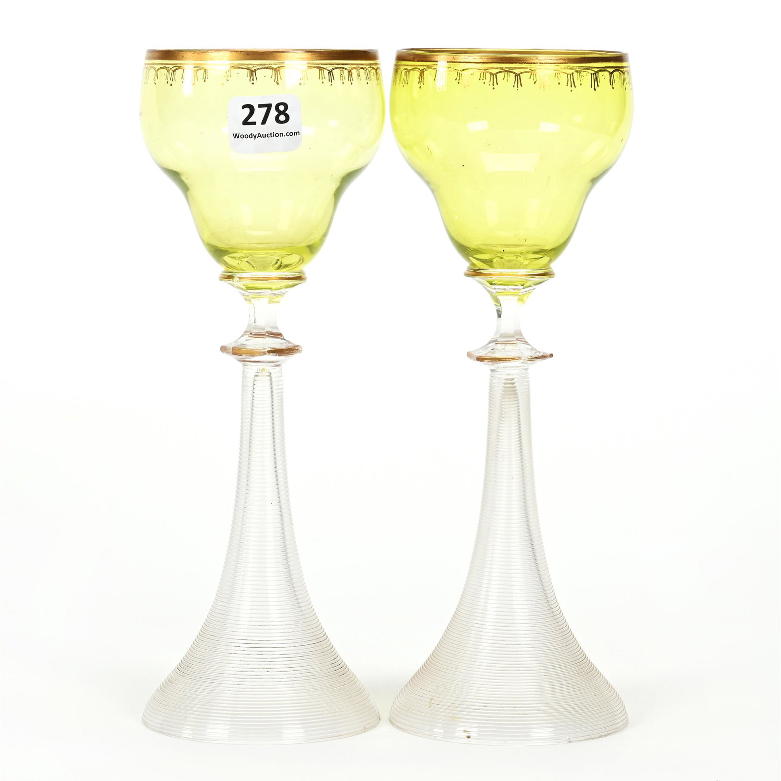 Pair Wine Stems, Yellow Bohemian Art Glass Bowl: Pair Wine Stems, Yellow Bohemian Art Glass Bowl, 8.25" x 3", Clear Stem And Foot, White Gold Stencil Highlights, Both Have Base Chips, Don Henson Estate, Michigan. Part 3. This auction is the final di