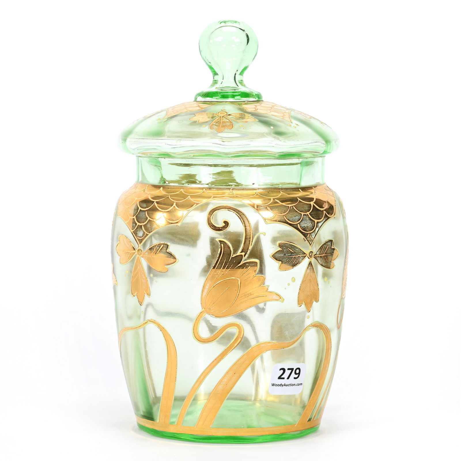 Covered Jar, Solid Vaseline Bohemian Art Glass (1 of 3)