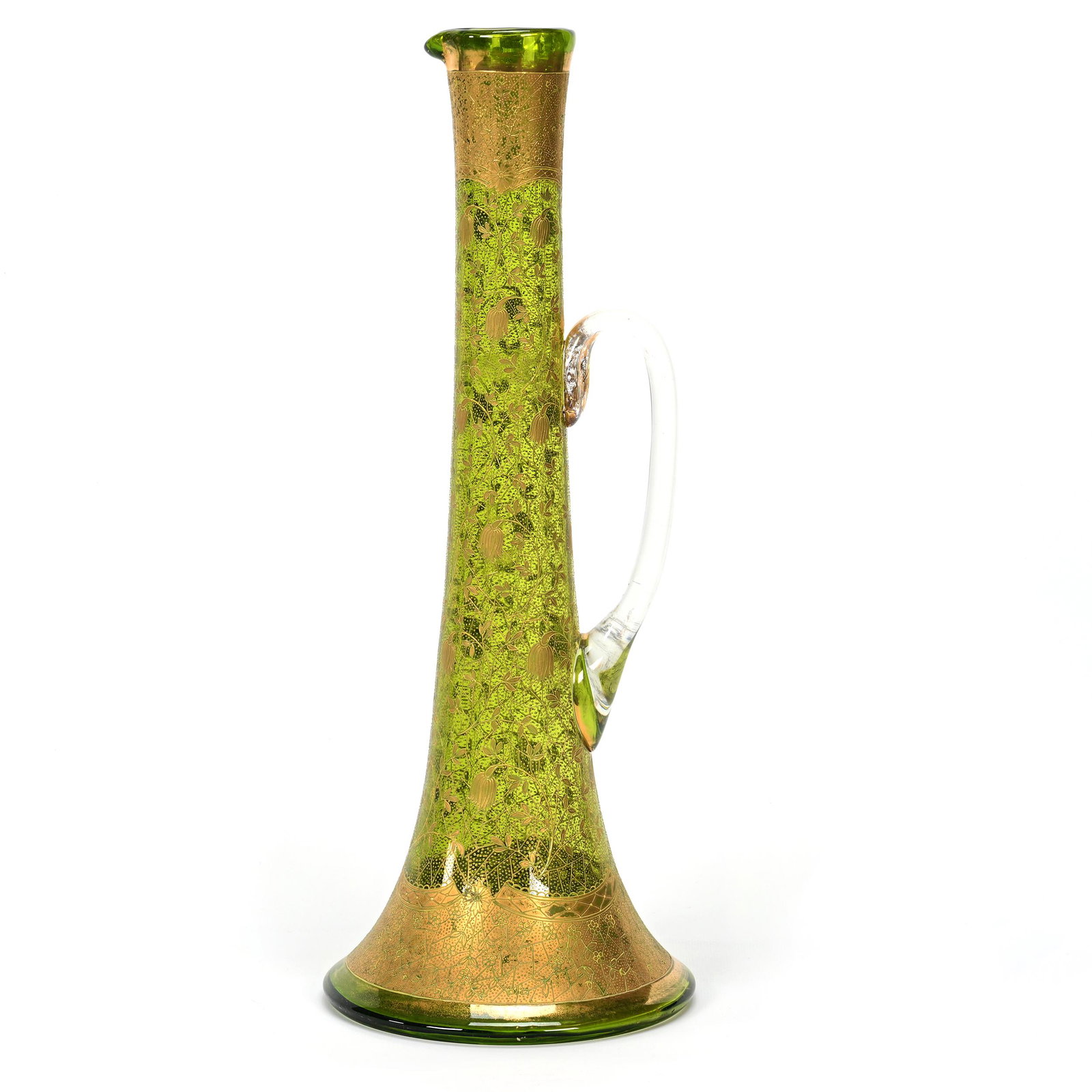 Champagne Tankard, Green Bohemian Art Glass: Champagne Tankard, Green Bohemian Art Glass, 18" x 7", Extensive Gold Floral Design, Clear Applied Handle, Don Henson Estate, Michigan. Part 3. This auction is the final dispersal of a collection of o