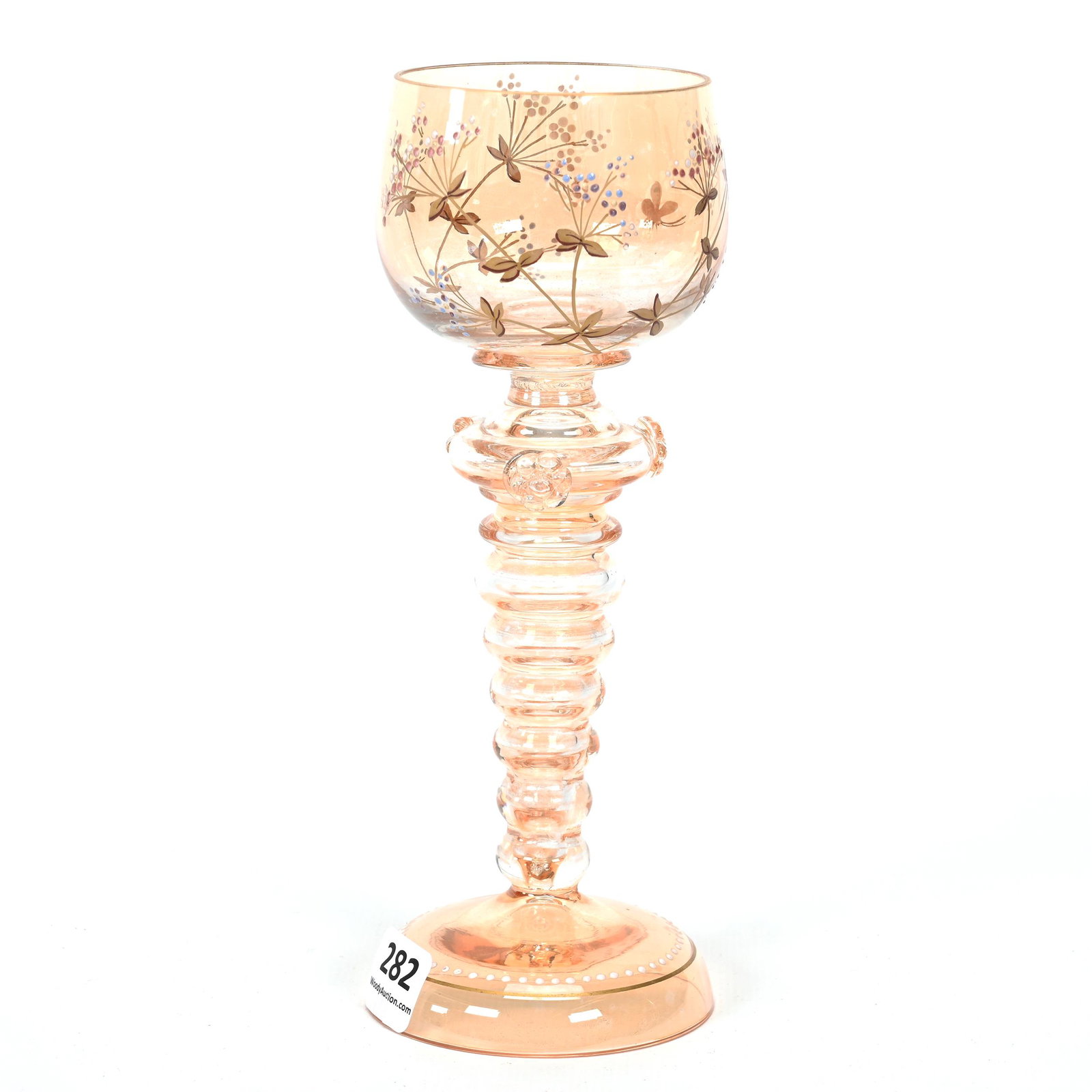 Wine Stem, Iridescent Marigold Bohemian Glass: Wine Stem, Iridescent Marigold Bohemian Glass, 7.5" x 2.75", Enamel Floral Decor, Applied Prunts, Don Henson Estate, Michigan. Part 3. This auction is the final dispersal of a collection of over 1,700