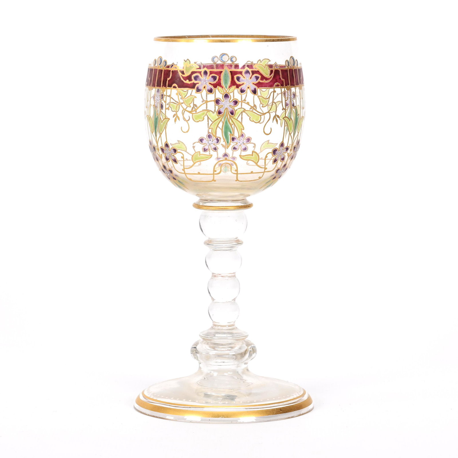 Wine Stem, Clear Bohemian Art Glass: Wine Stem, Clear Bohemian Art Glass, 6" x 3", Colorful Floral Decor, Gold Stencil Highlights, Don Henson Estate, Michigan. Part 3. This auction is the final dispersal of a collection of over 1,700 ite
