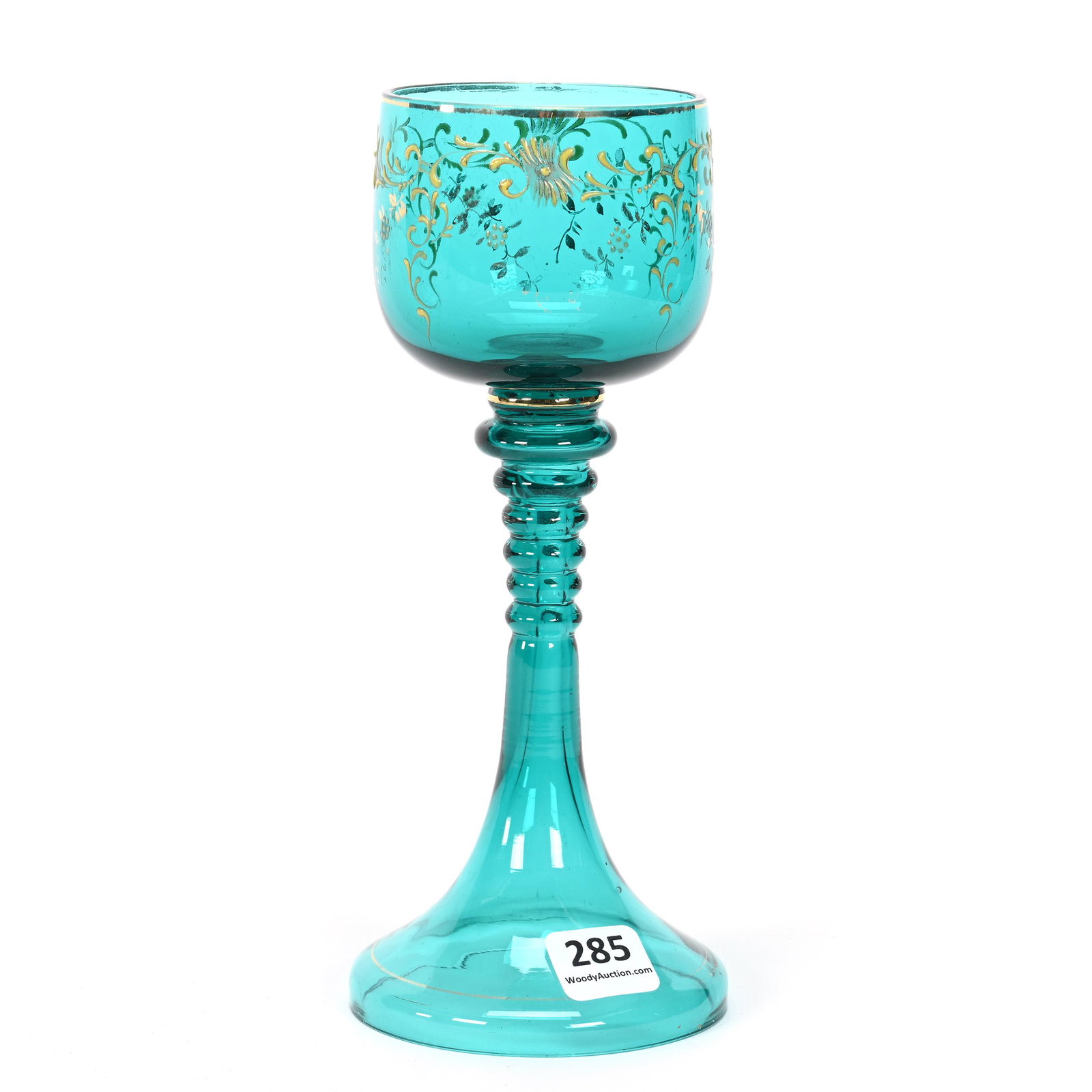 Wine Stem, Solid Turquoise Bohemian Art Glass: Wine Stem, Solid Turquoise Bohemian Art Glass, 7.75" x 3.25", Enamel Floral Decor, Don Henson Estate, Michigan. Part 3. This auction is the final dispersal of a collection of over 1,700 items selling 