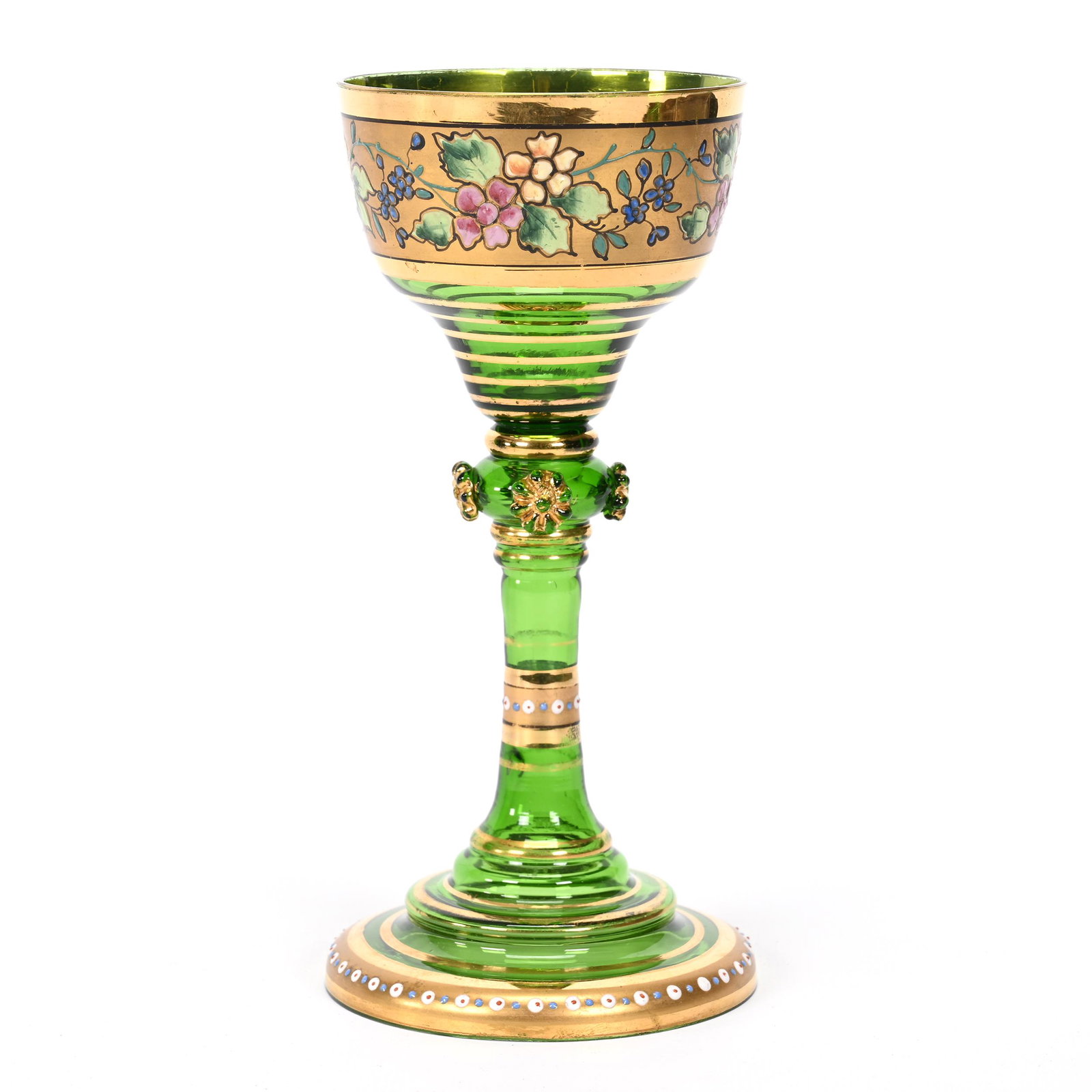 Wine Stem, Green Bohemian Art Glass: Wine Stem, Green Bohemian Art Glass, 7" x 3.25", Gold Band, Colorful Enamel Decor, Applied Prunts, Don Henson Estate, Michigan. Part 3. This auction is the final dispersal of a collection of over 1,70
