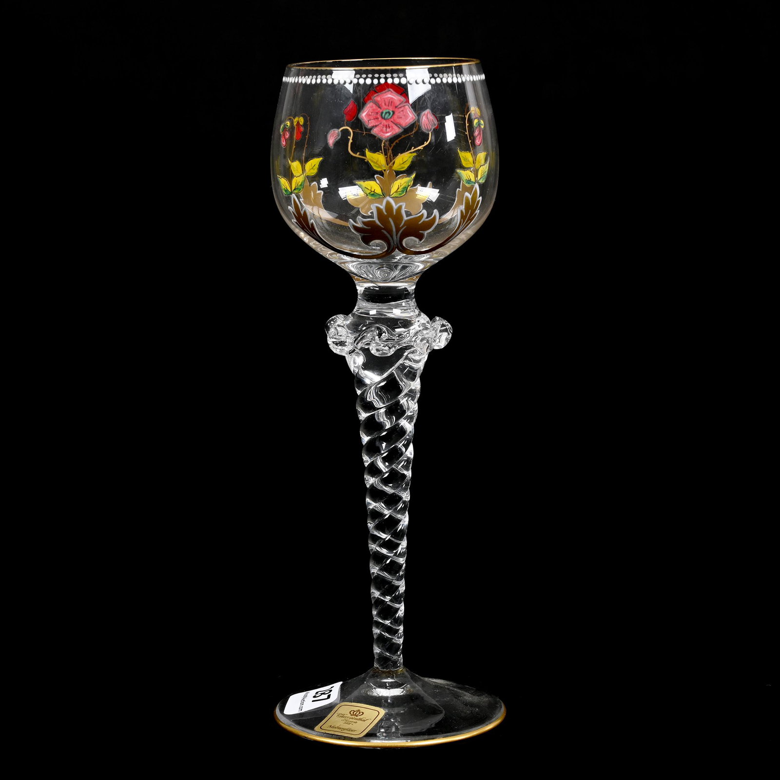 Wine Stem, Clear Bohemian Art Glass: Wine Stem, Clear Bohemian Art Glass, 8" x 2.75", Twist Stem, Applied Rigoree, Enamel Floral Decor, Artist Signed, Dated 1983, Original Bavaria Label, Don Henson Estate, Michigan. Part 3. This auction 