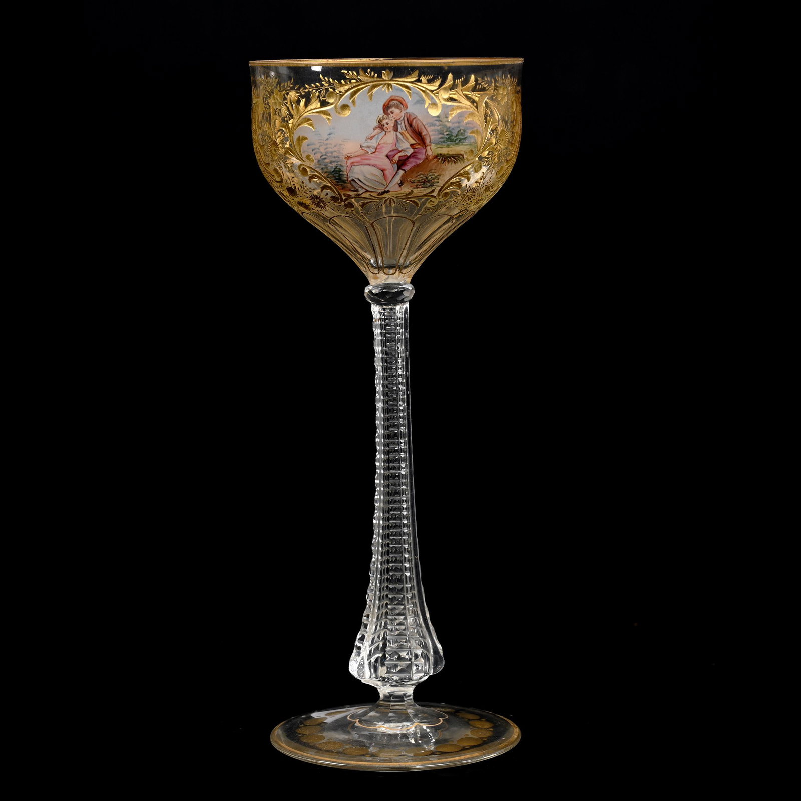 Wine Stem, Clear Bohemian Art Glass: Wine Stem, Clear Bohemian Art Glass, 8" x 3.25", Engraved Floral And Scroll Design, Nice Enamel Courting Scene Decor, Notched Stem, Base Has Professional Base Polish, Don Henson Estate, Michigan. Part