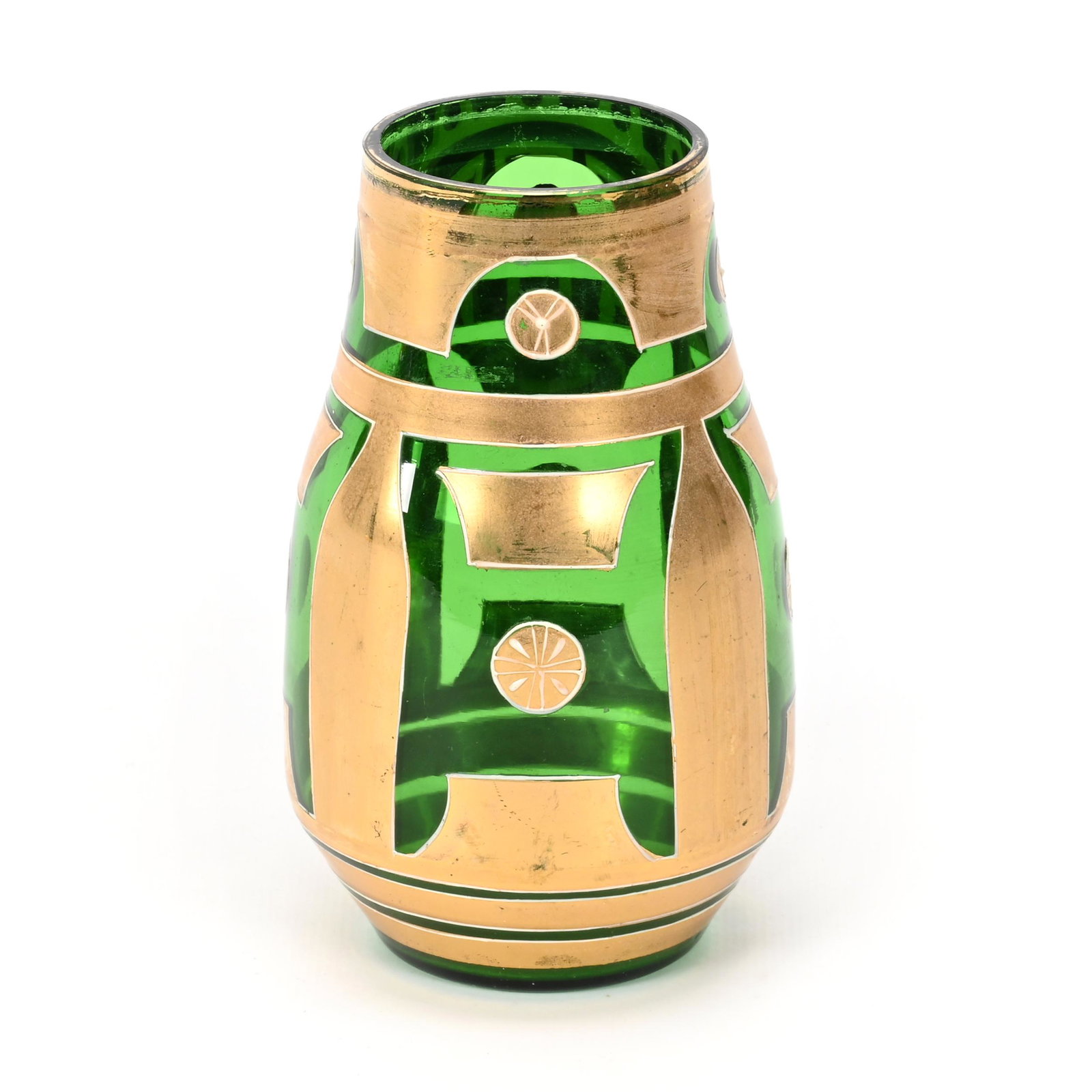 Vase, Green Bohemian Art Glass: Vase, Green Bohemian Art Glass, 5.5" x 3.25", Heavy Gold Decor, Don Henson Estate, Michigan. Part 3. This auction is the final dispersal of a collection of over 1,700 items selling over a total of thr