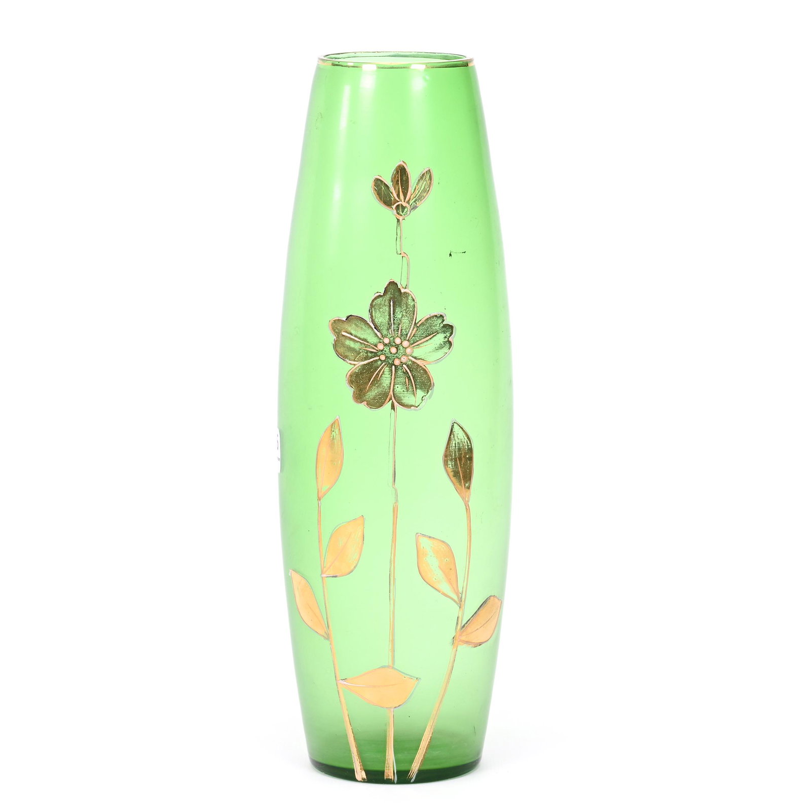 Vase, Green Bohemian Art Glass: Vase, Green Bohemian Art Glass, 11" x 3.5", Gold Blossom Decor, Don Henson Estate, Michigan. Part 3. This auction is the final dispersal of a collection of over 1,700 items selling over a total of thr