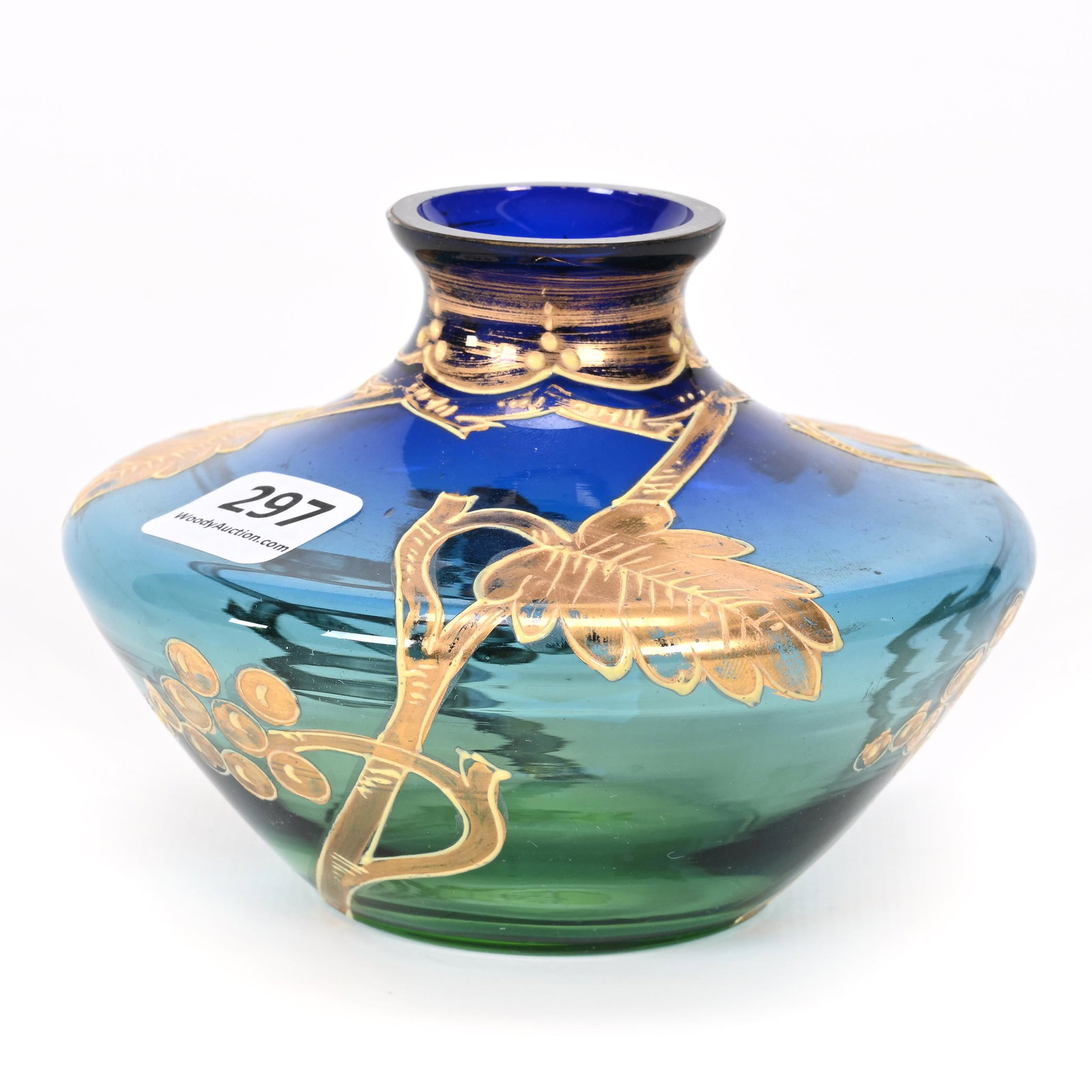 Vase, Blue Shading To Green Bohemian Art Glass: Vase, Blue Shading To Green Bohemian Art Glass, 3.25" x 4.25", Gold Enamel Vintage Decor, Nice Color, Don Henson Estate, Michigan. Part 3. This auction is the final dispersal of a collection of over 1