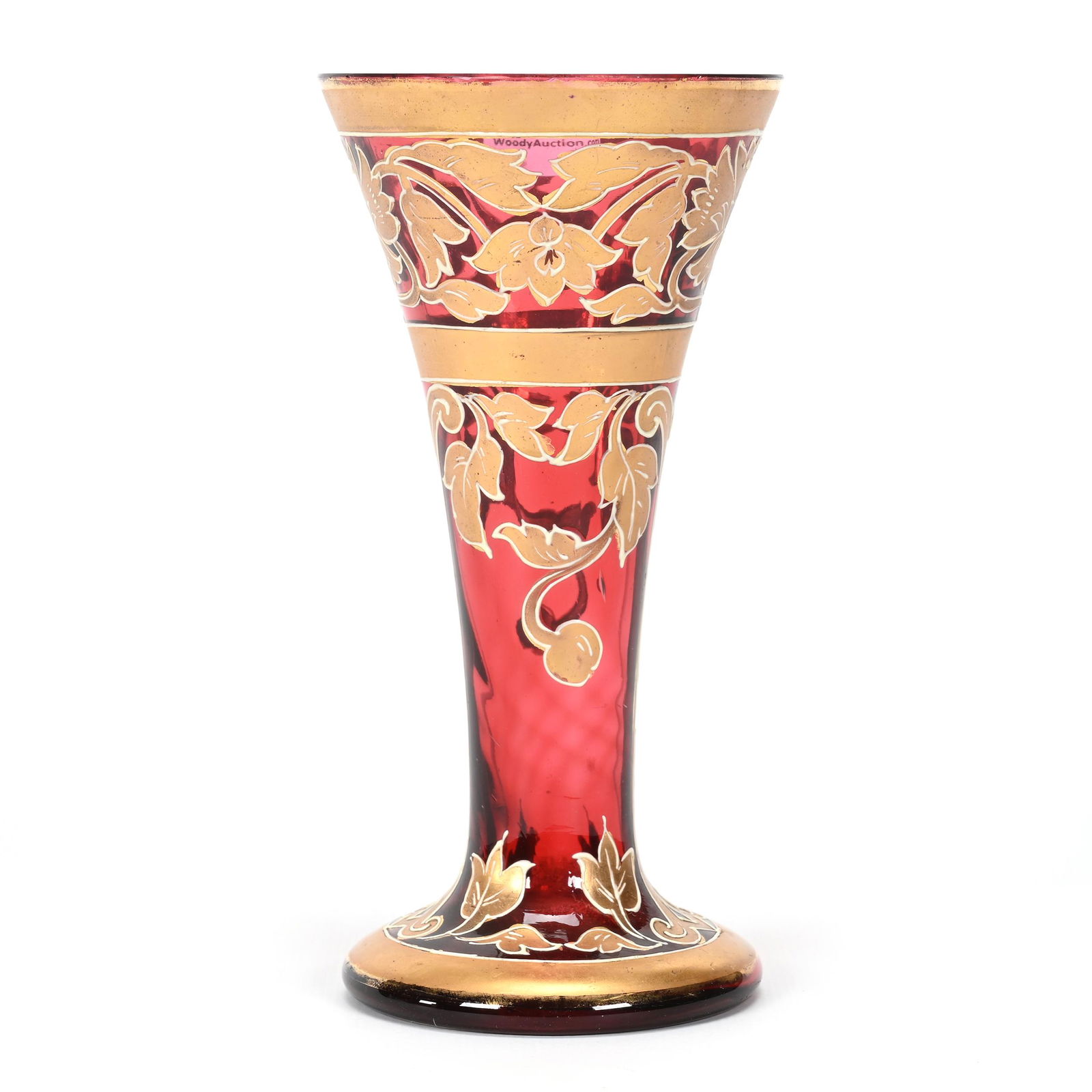 Vase, Cased Cranberry Bohemian Art Glass: Vase, Cased Cranberry Bohemian Art Glass, 6.25" x 3", Gold Floral Decor, Don Henson Estate, Michigan. Part 3. This auction is the final dispersal of a collection of over 1,700 items selling over a tot