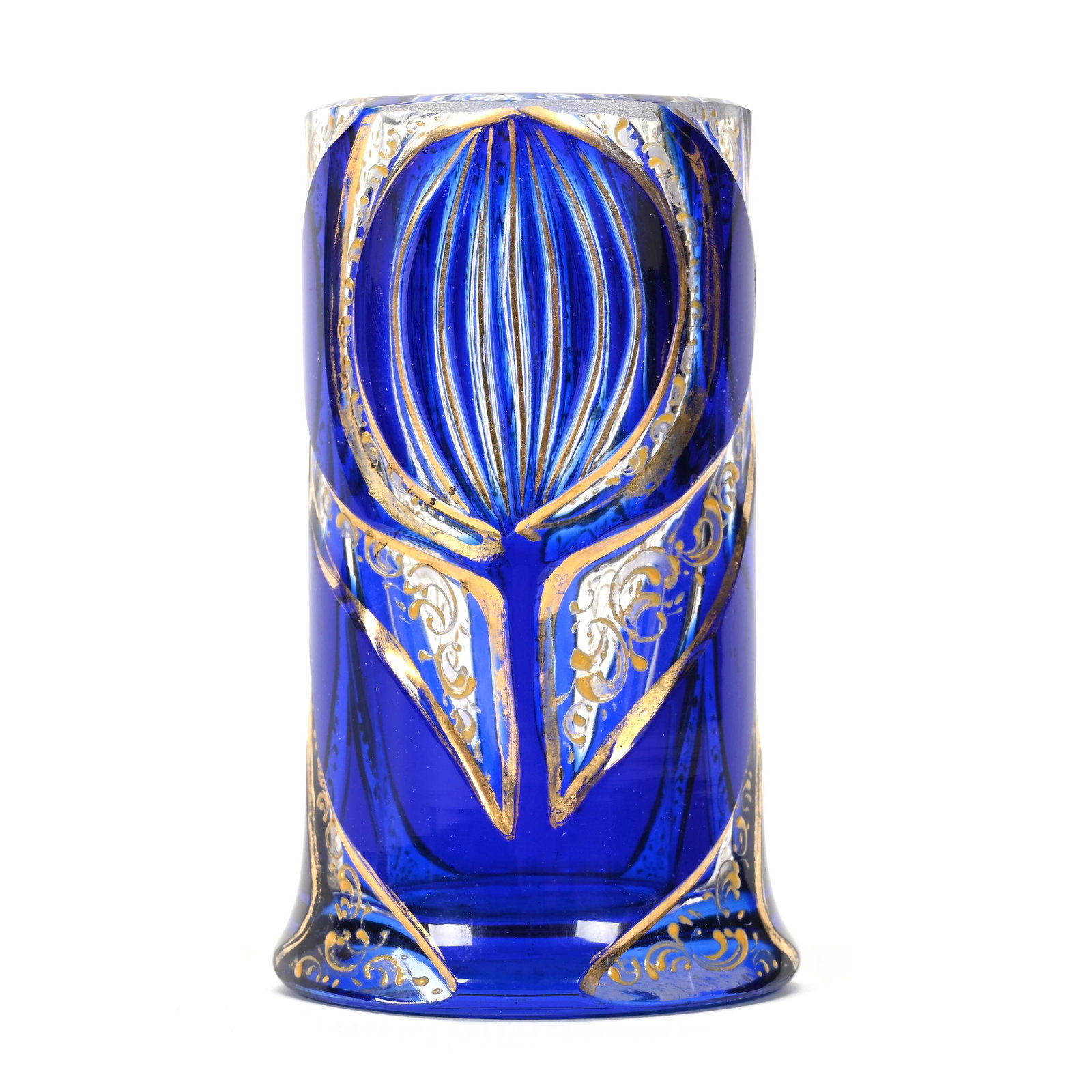 Vase, Clear Bohemian Art Glass: Vase, Clear Bohemian Art Glass, 3.5" x 2", Blue Cutback Overlay, Tulip Design, Gold Trim Highlights, Don Henson Estate, Michigan. Part 3. This auction is the final dispersal of a collection of over 1,