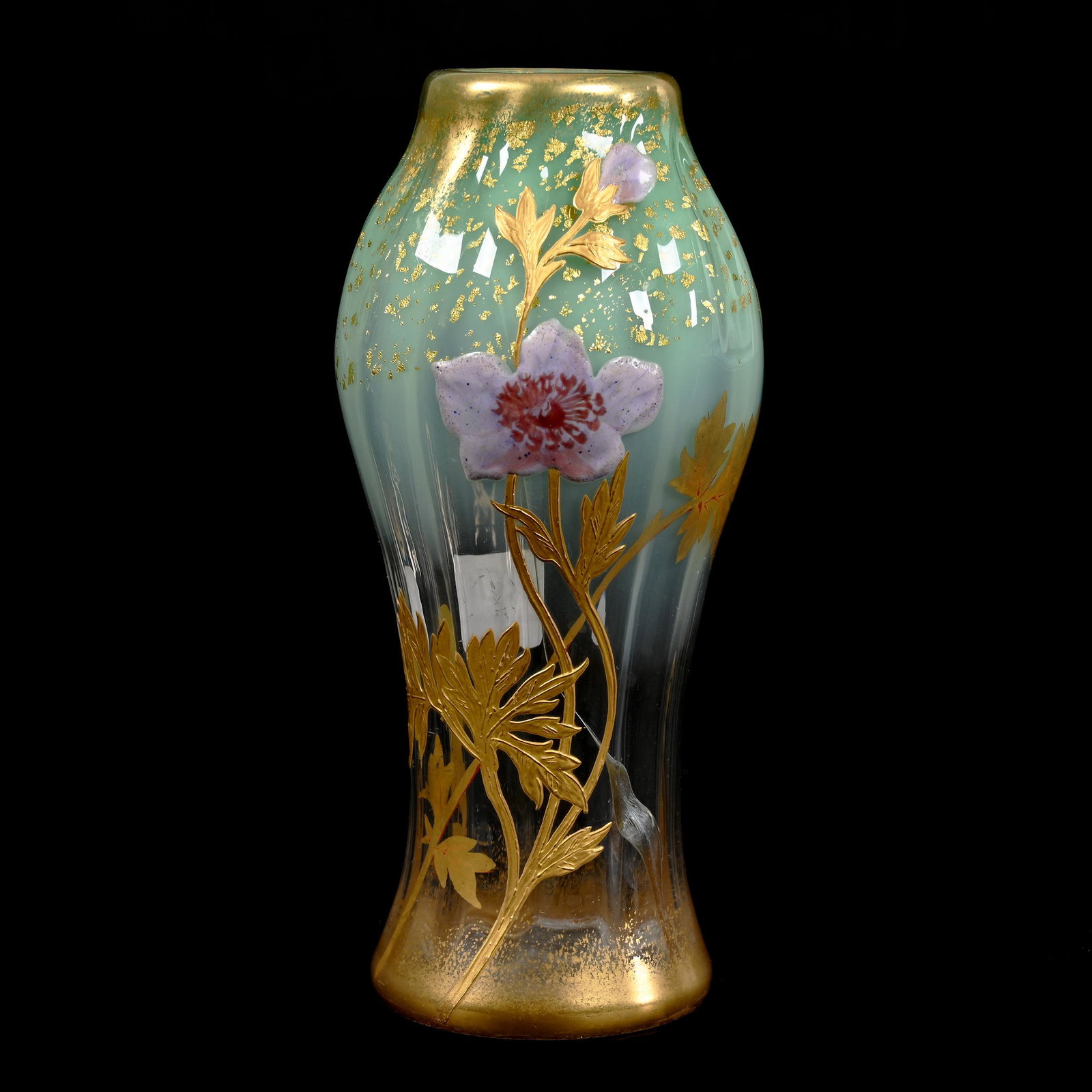 Vase, Green Opalescent To Clear Bohemian Glass: Vase, Green Opalescent To Clear Bohemian Glass, 6.25" x 2.75", Beautiful Enamel Floral Decor, Serious And Significant Body Crack, Reactive Under Black Light, Don Henson Estate, Michigan. Part 3. This 