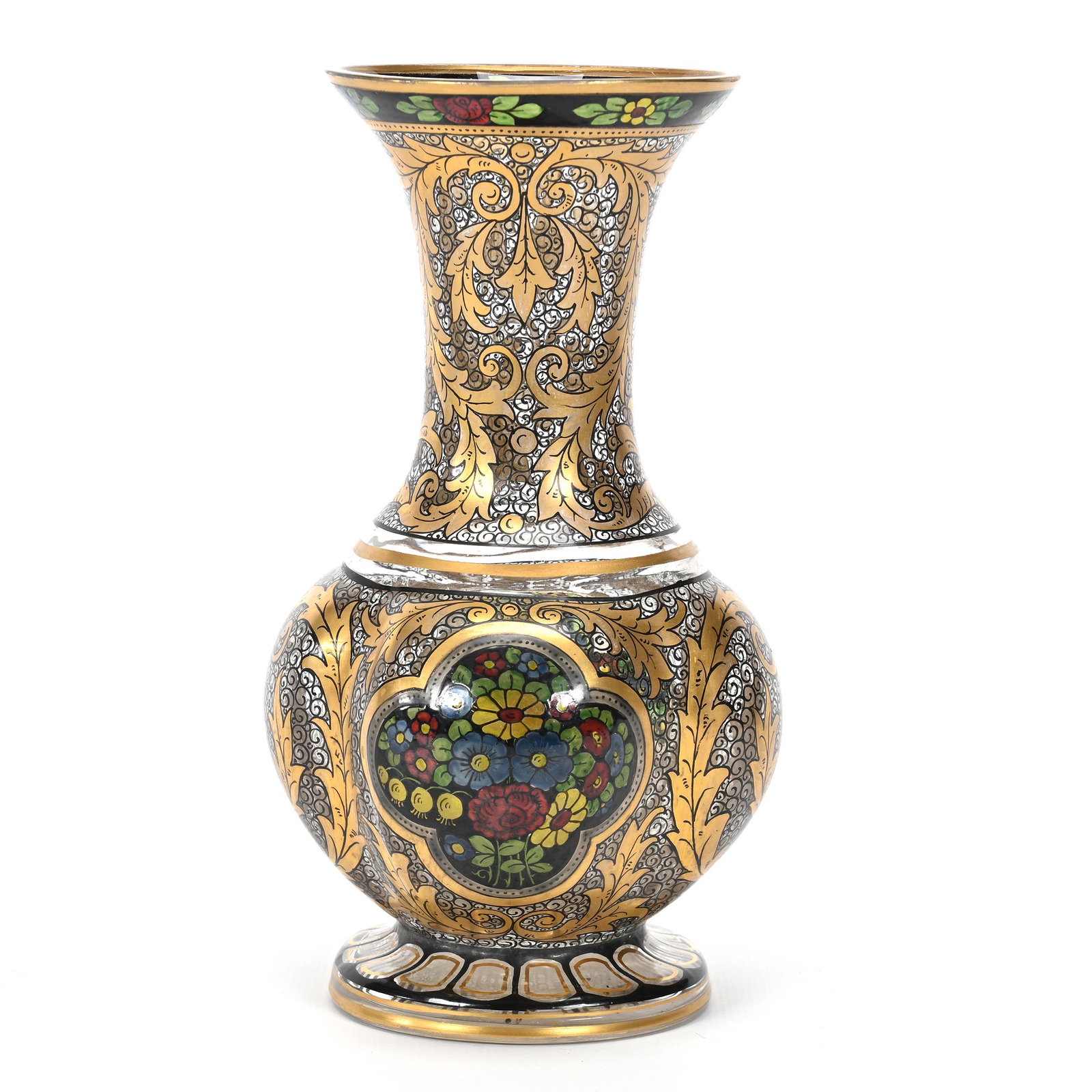 Vase, Clear Bohemian Art Glass: Vase, Clear Bohemian Art Glass, 7.75" x 4.25", Colorful Floral And Black And Gold Stencil Design, Don Henson Estate, Michigan. Part 3. This auction is the final dispersal of a collection of over 1,700