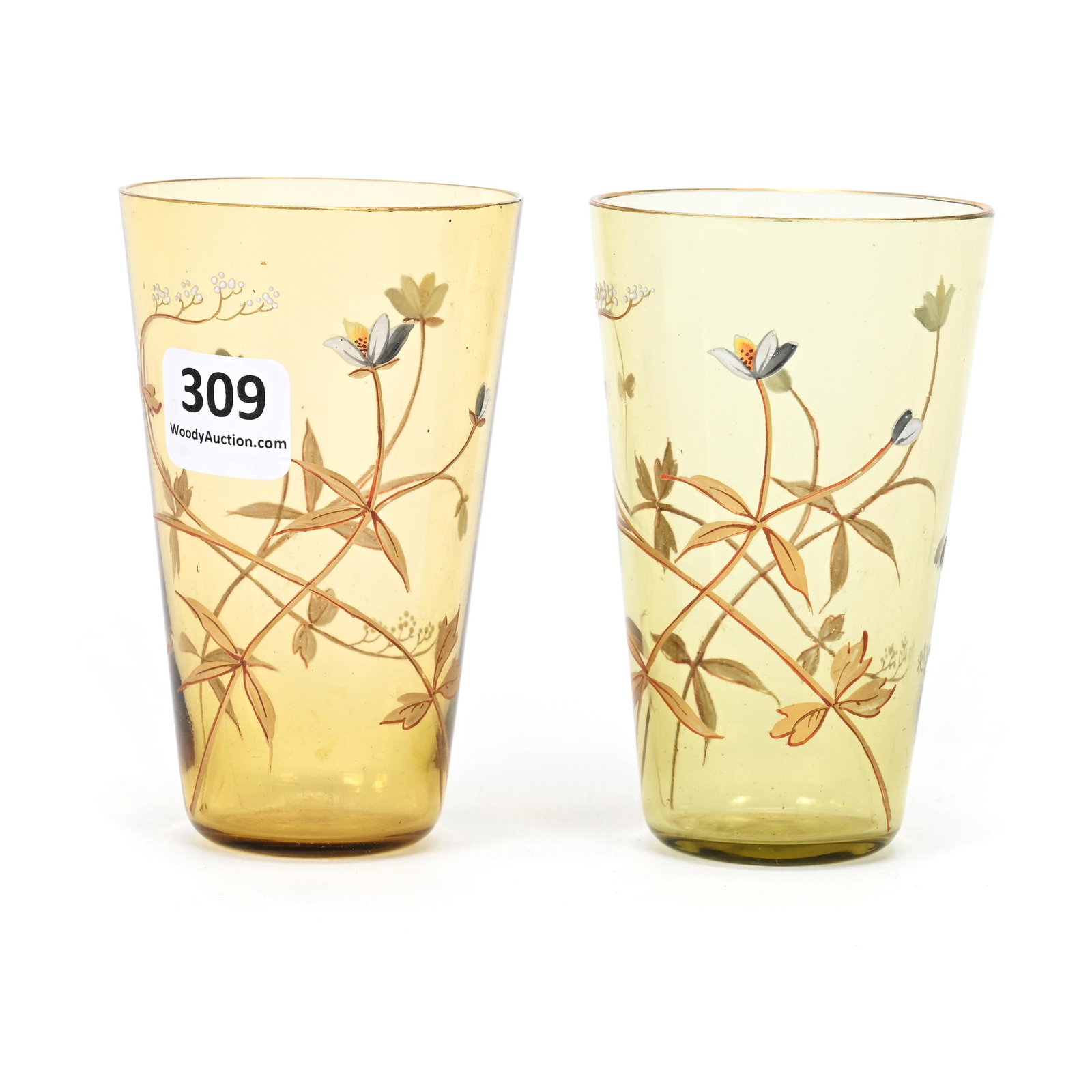 Pair Juice Glasses, Solid Olive Green Bohemian: Pair Juice Glasses, Solid Olive Green Bohemian, 3.75" x 2.25", Enamel Floral Decor, Don Henson Estate, Michigan. Part 3. This auction is the final dispersal of a collection of over 1,700 items selling