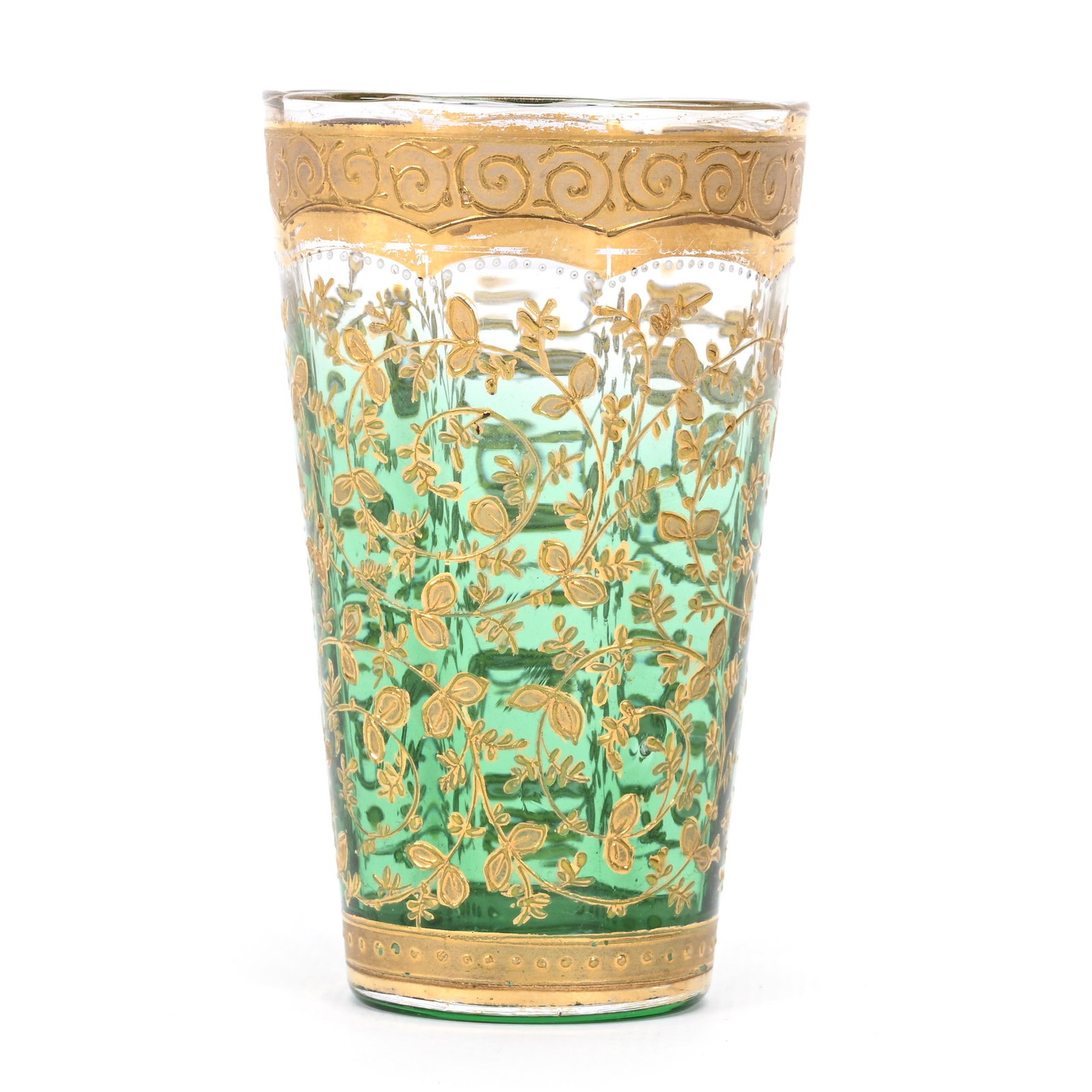 Juice Glass, Clear To Green Bohemian Art Glass: Juice Glass, Clear To Green Bohemian Art Glass, 3.75" x 2.25", Heavy Gold Floral And Scroll Design, Don Henson Estate, Michigan. Part 3. This auction is the final dispersal of a collection of over 1,7