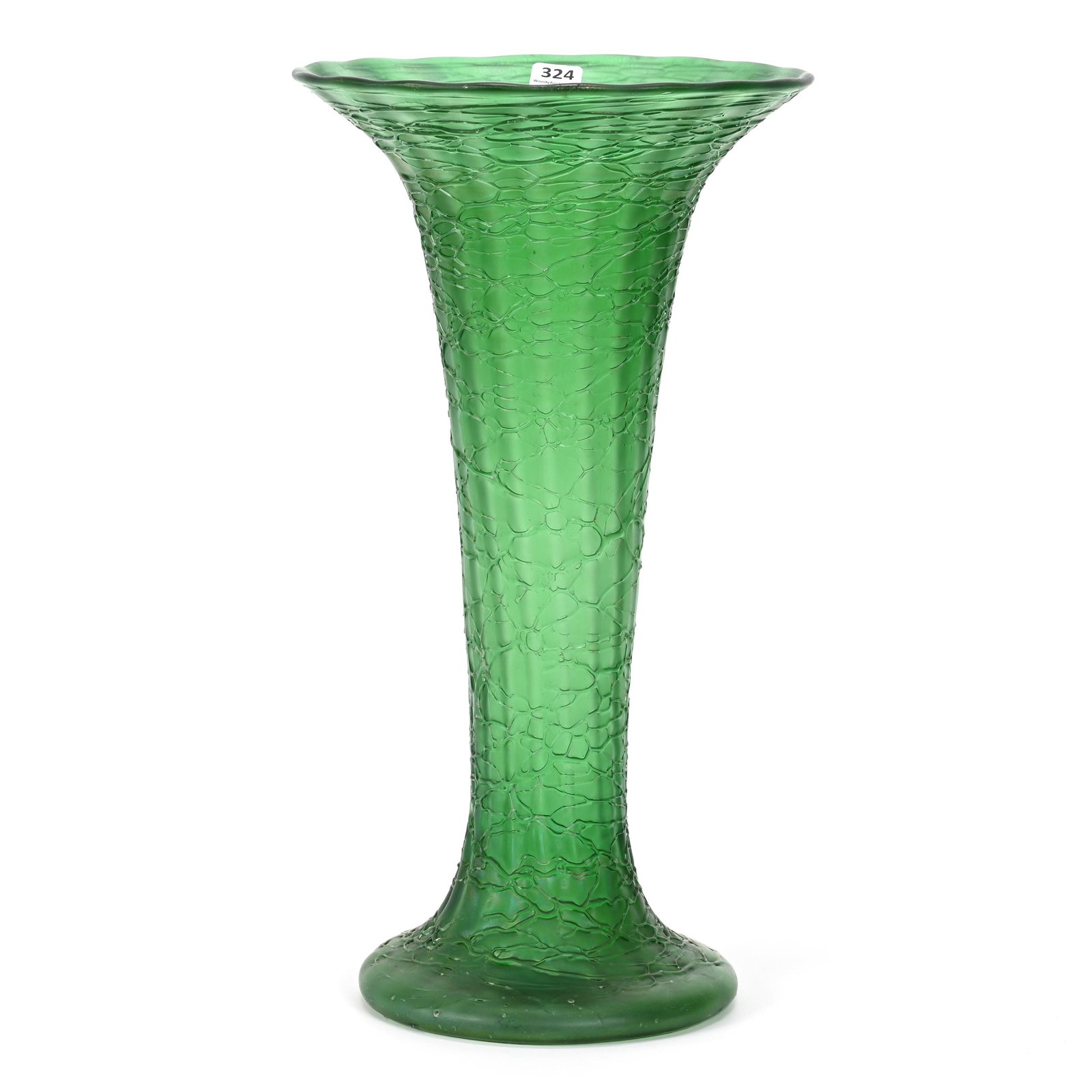 Vase, Green Iridescent Bohemian Art Glass: Vase, Green Iridescent Bohemian Art Glass, 15.75" x 8.5", Chine Pattern By Loetz, Don Henson Estate, Michigan. Part 3. This auction is the final dispersal of a collection of over 1,700 items selling o