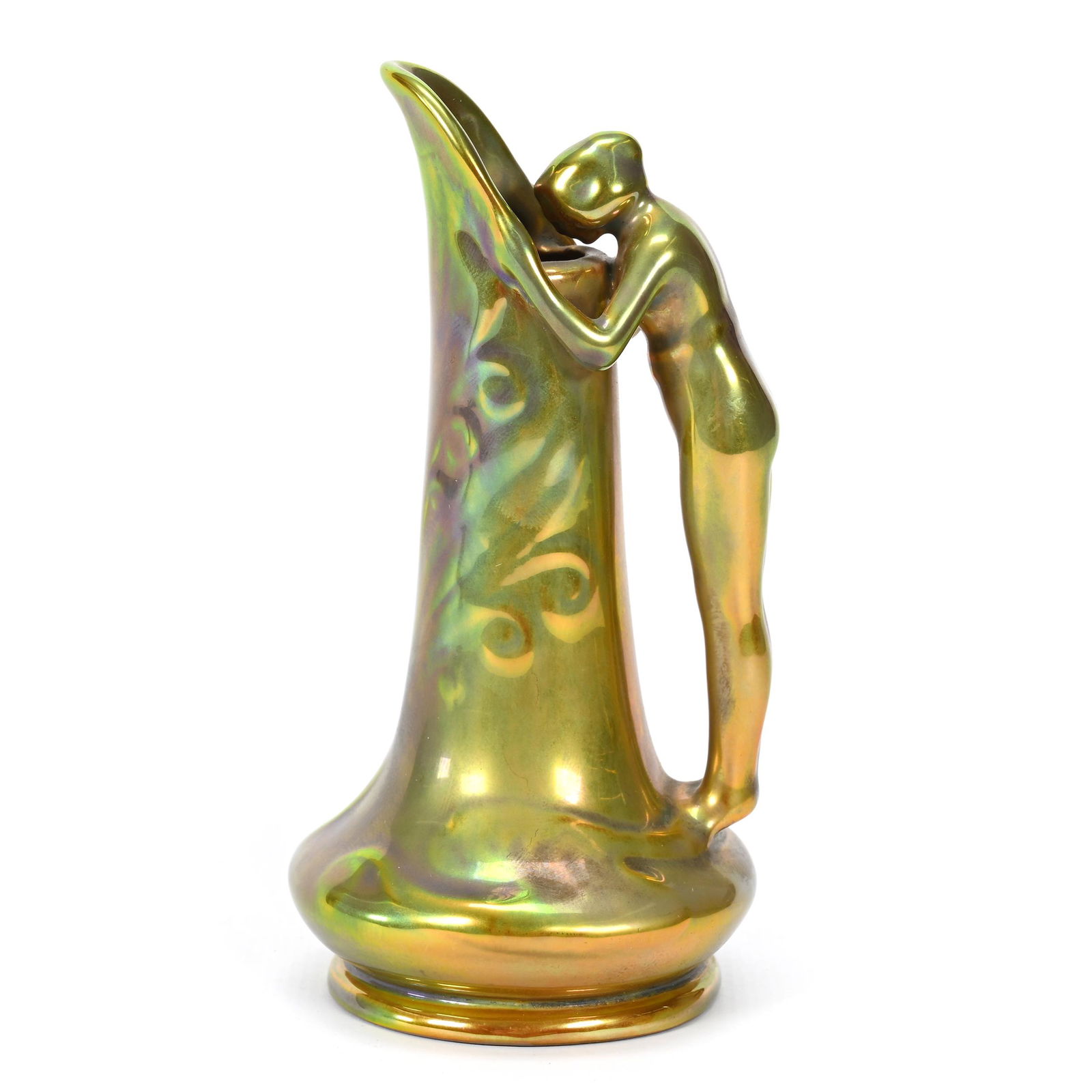 Ewer Marked Zsolnay Art Pottery: Ewer Marked Zsolnay Art Pottery, 4.75" x 2.5", Art Nouveau Form, Figural Nude Handle, Green Iridescent Eosin Glaze, Don Henson Estate, Michigan. Part 3. This auction is the final dispersal of a collec
