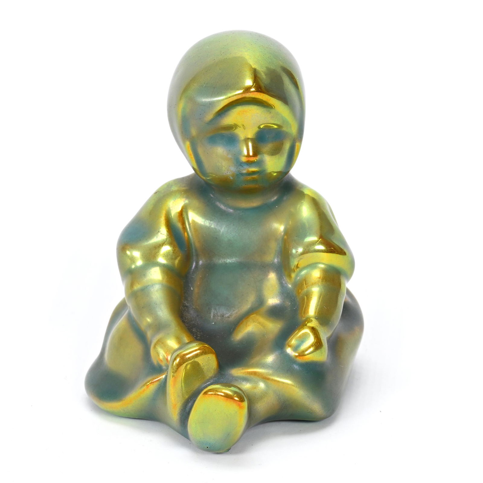 Figurine Marked Zsolnay Art Pottery: Figurine Marked Zsolnay Art Pottery, 3" x 3", Young Girl, Green Iridescent Eosin Glaze, Don Henson Estate, Michigan. Part 3. This auction is the final dispersal of a collection of over 1,700 items sel