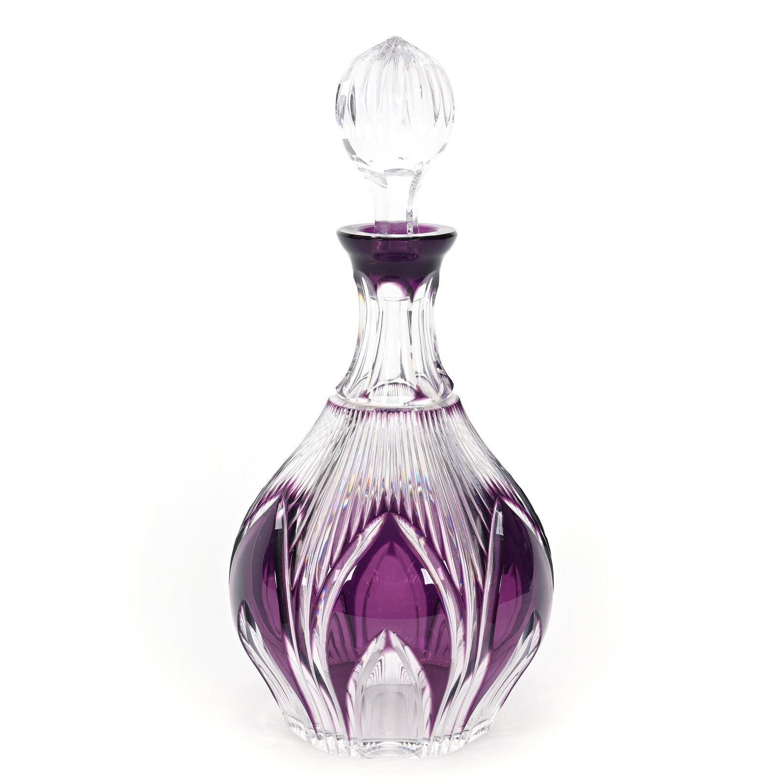 Decanter, Amethyst Cut To Clear Art Glass: Decanter, Amethyst Cut To Clear Art Glass, 12.5" x 5.75", Six Arched Cut Designs With Miter Highlights, Polished Pontil Base, Two Minor Miter Nicks On Body, Don Henson Estate, Michigan. Part 3. This a