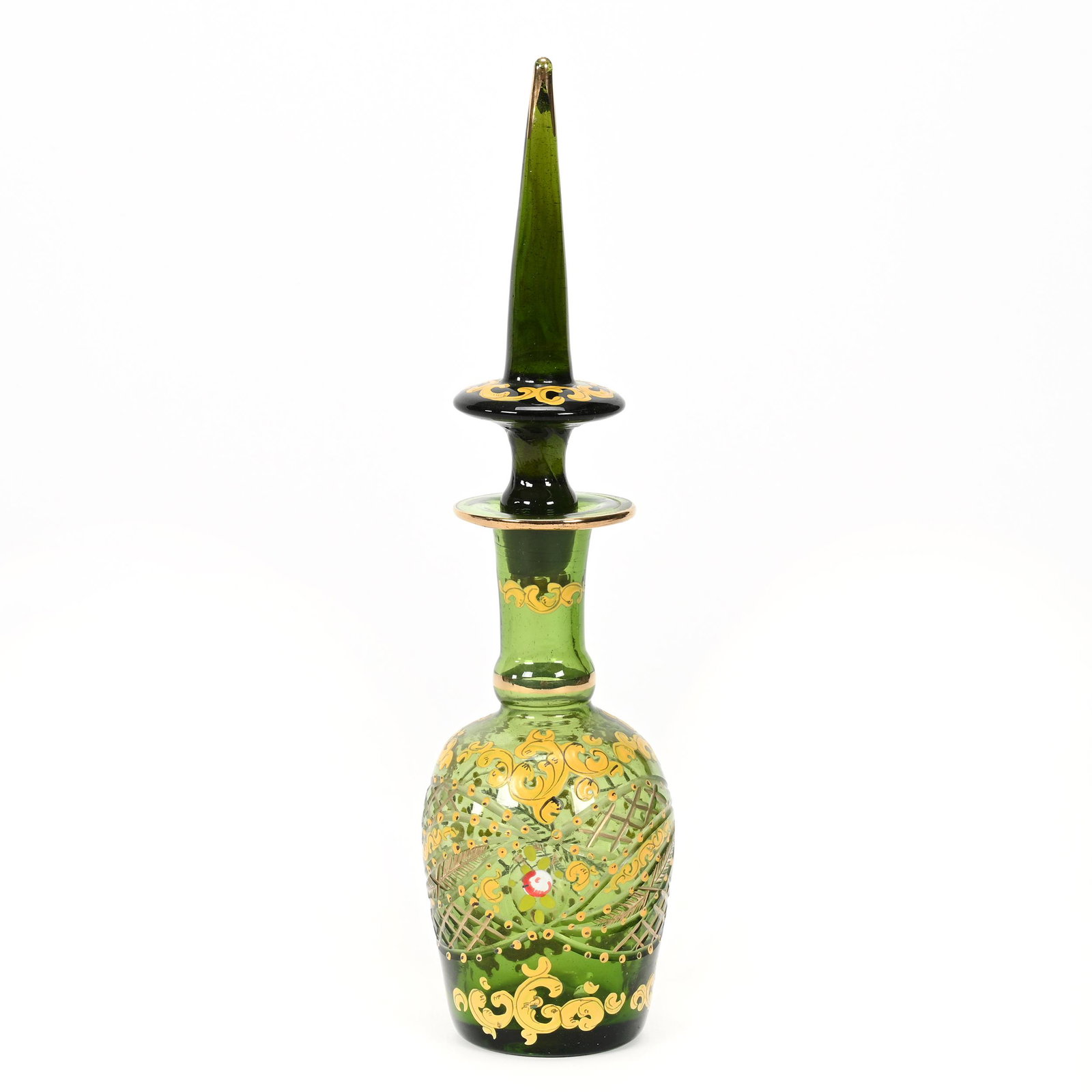 Cruet, Dark Green Bohemian Art Glass: Cruet, Dark Green Bohemian Art Glass, 10.75" x 2.5", Cut And Enamel Persian Design, Stopper Matches, But Not Well Fitted, Don Henson Estate, Michigan. Part 3. This auction is the final dispersal of a 