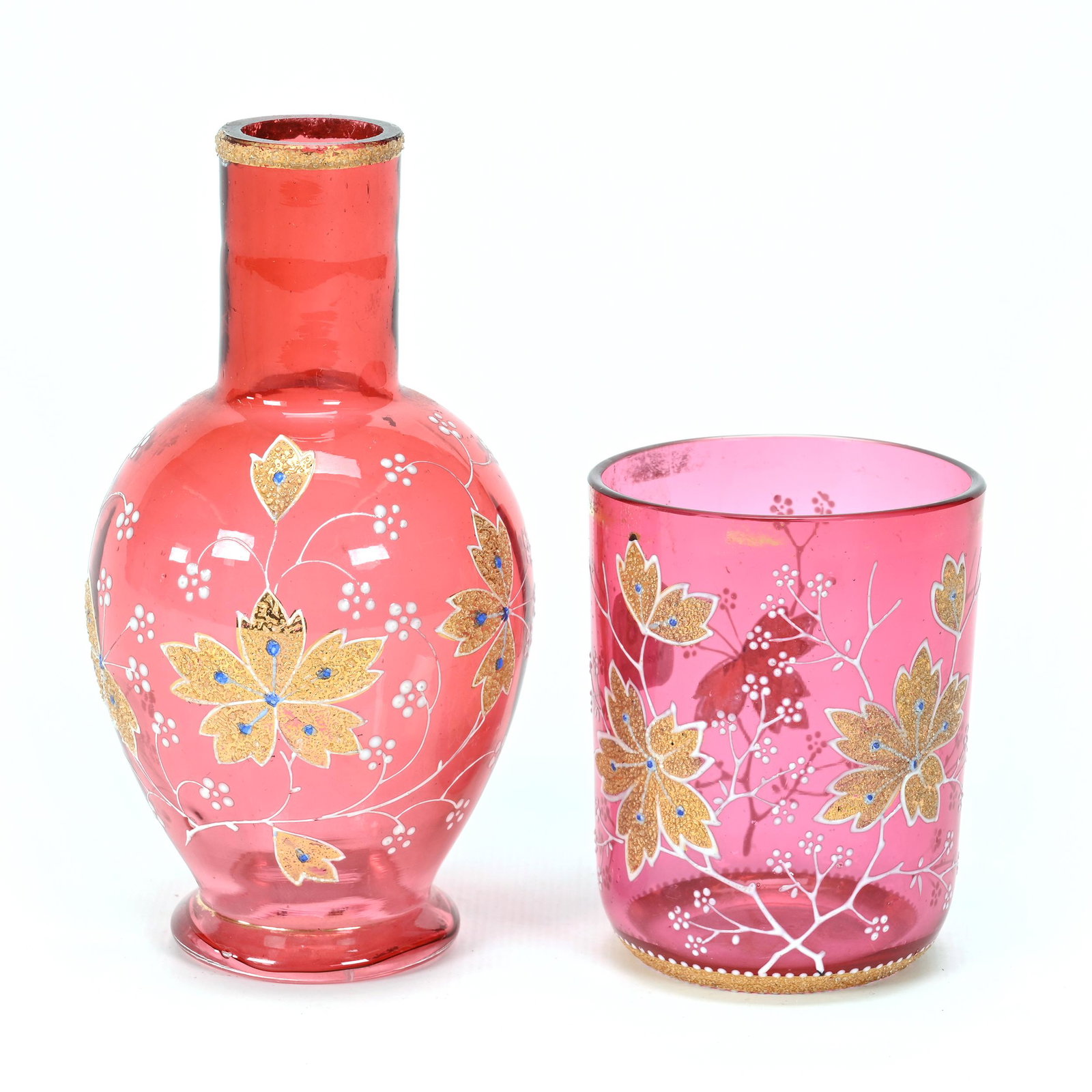 Modified Tumble-Up, Cranberry Bohemian Glass: Modified Tumble-Up, Cranberry Bohemian Glass, 6.25" x 2.75", Gold Leaf And Blue Berry Highlights, Marriage - Tumbler Matches Vase And Almost Fits, Look Good Together, Don Henson Estate, Michigan. Part